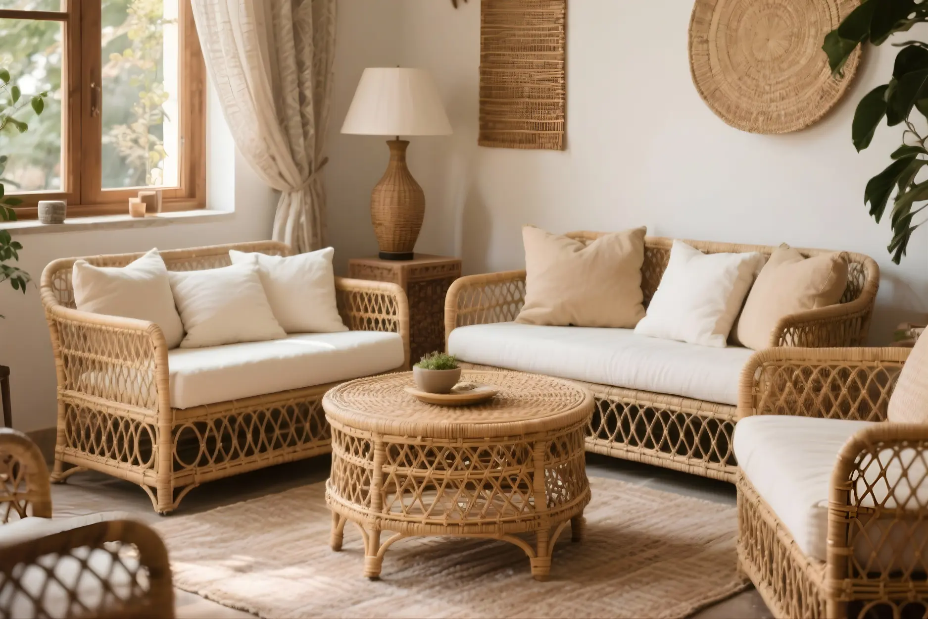 A modern Indian living room with rattan furniture.