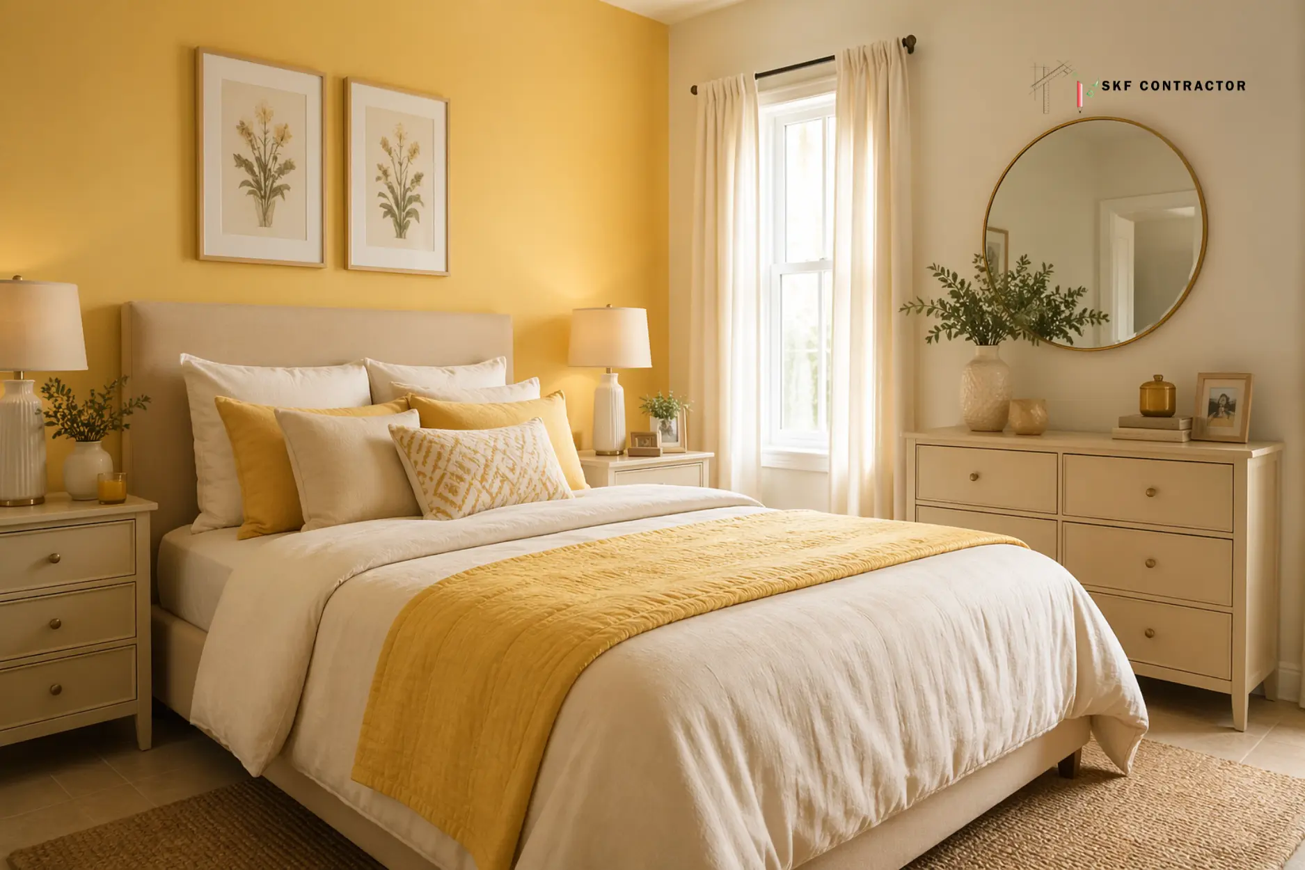 Modern bedroom interior with yellow accent wall, beige bedding, and white dresser under a round gold mirror.