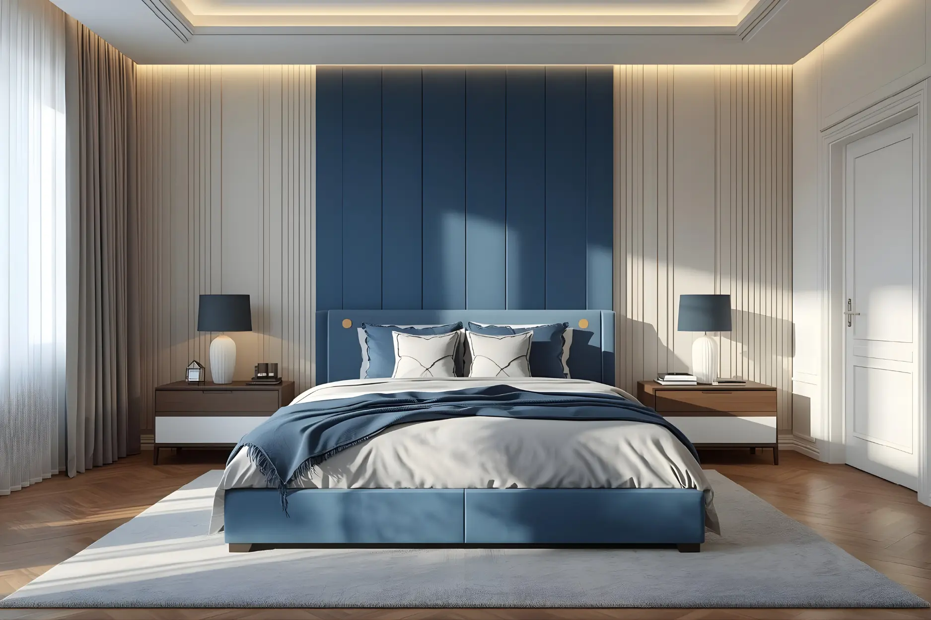 Blue highlights on the headboard and bedding create a serene, stylish haven.