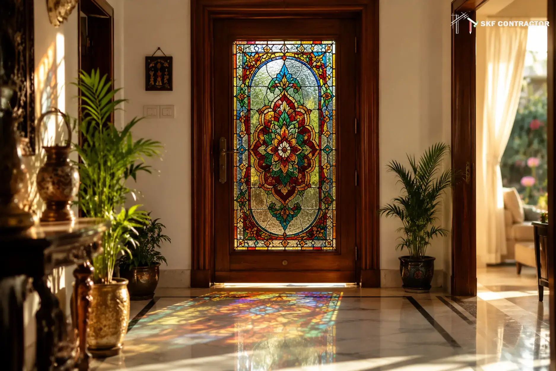 Elegant wooden entryway door featuring a colorful stained glass floral design with sunlight reflections.