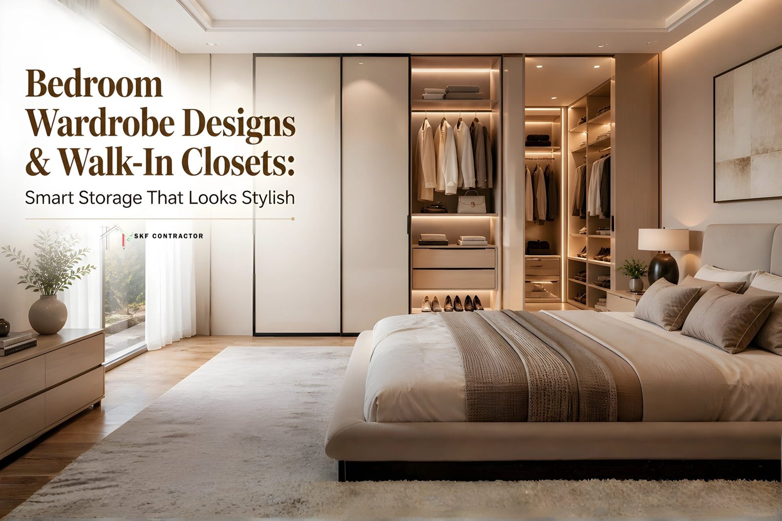 Modern bedroom wardrobe design featuring a luxury walk-in closet with smart storage and LED lighting.