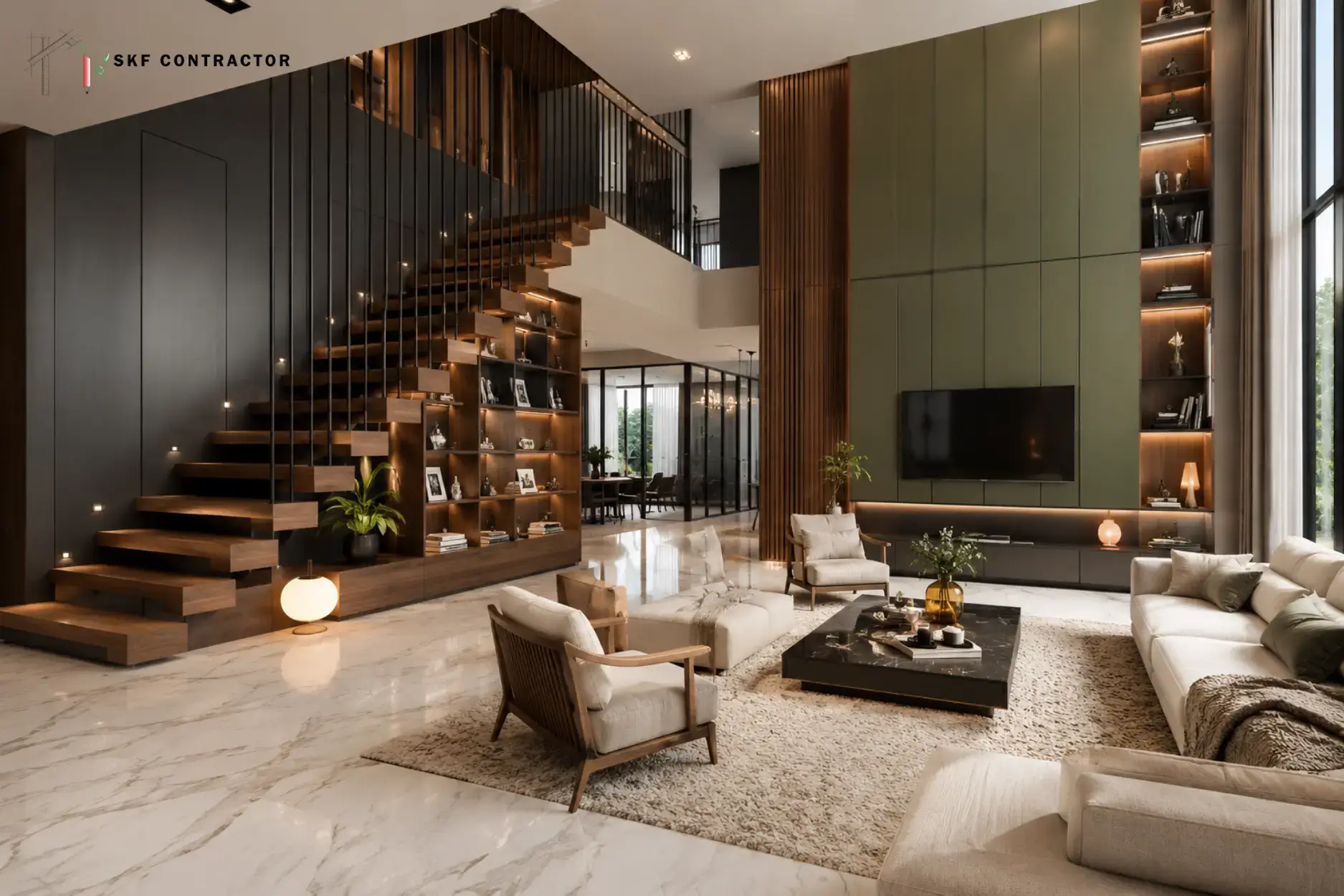 Modern luxury living room featuring a floating wooden staircase, green accent wall, and marble flooring.