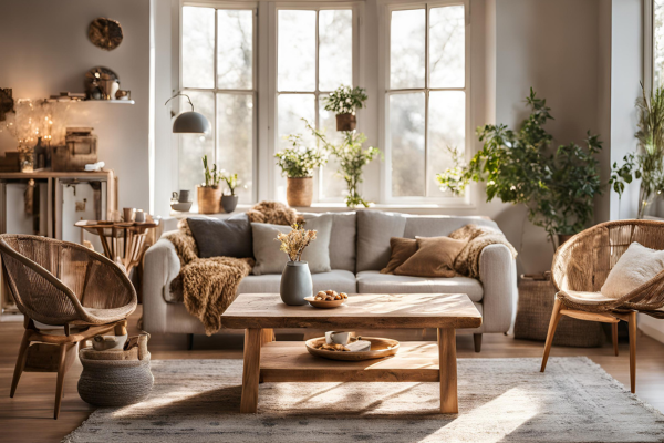 Cozy rustic living room with a light gray sofa, wooden coffee table, and rattan chairs near a window.
