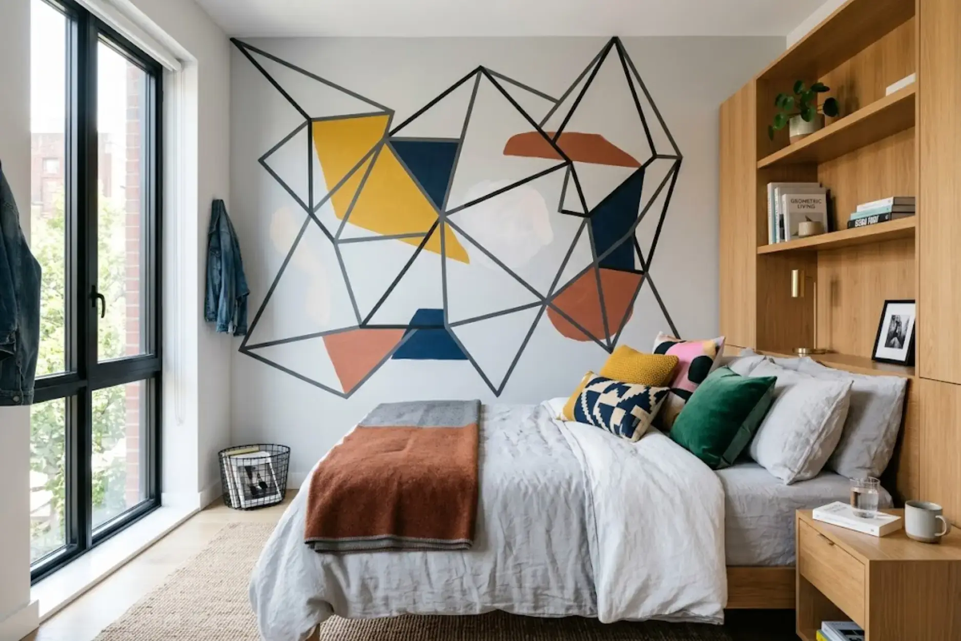 Modern bedroom featuring a geometric wall mural, wooden headboard with shelving, and colorful throw pillows.