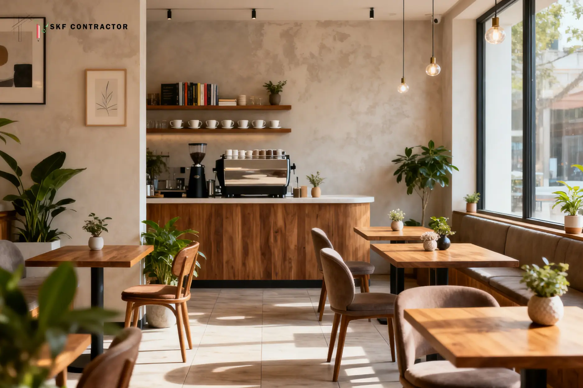 Modern minimalist cafe interior with wooden tables, espresso machine, and green indoor plants in natural light.