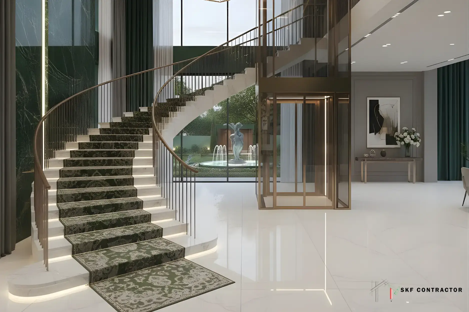 Luxury home interior featuring a modern marble spiral staircase and a glass elevator in a grand foyer.