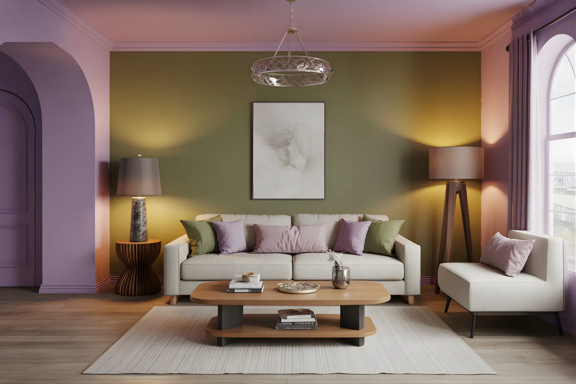 Living room in Lavender + Olive Green Color Combination