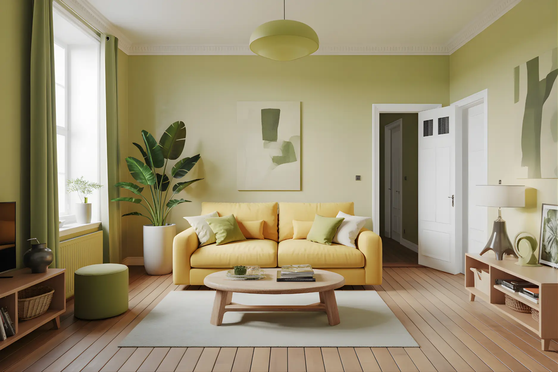 Living room in Pear Green + Soft Yellow Color Combination