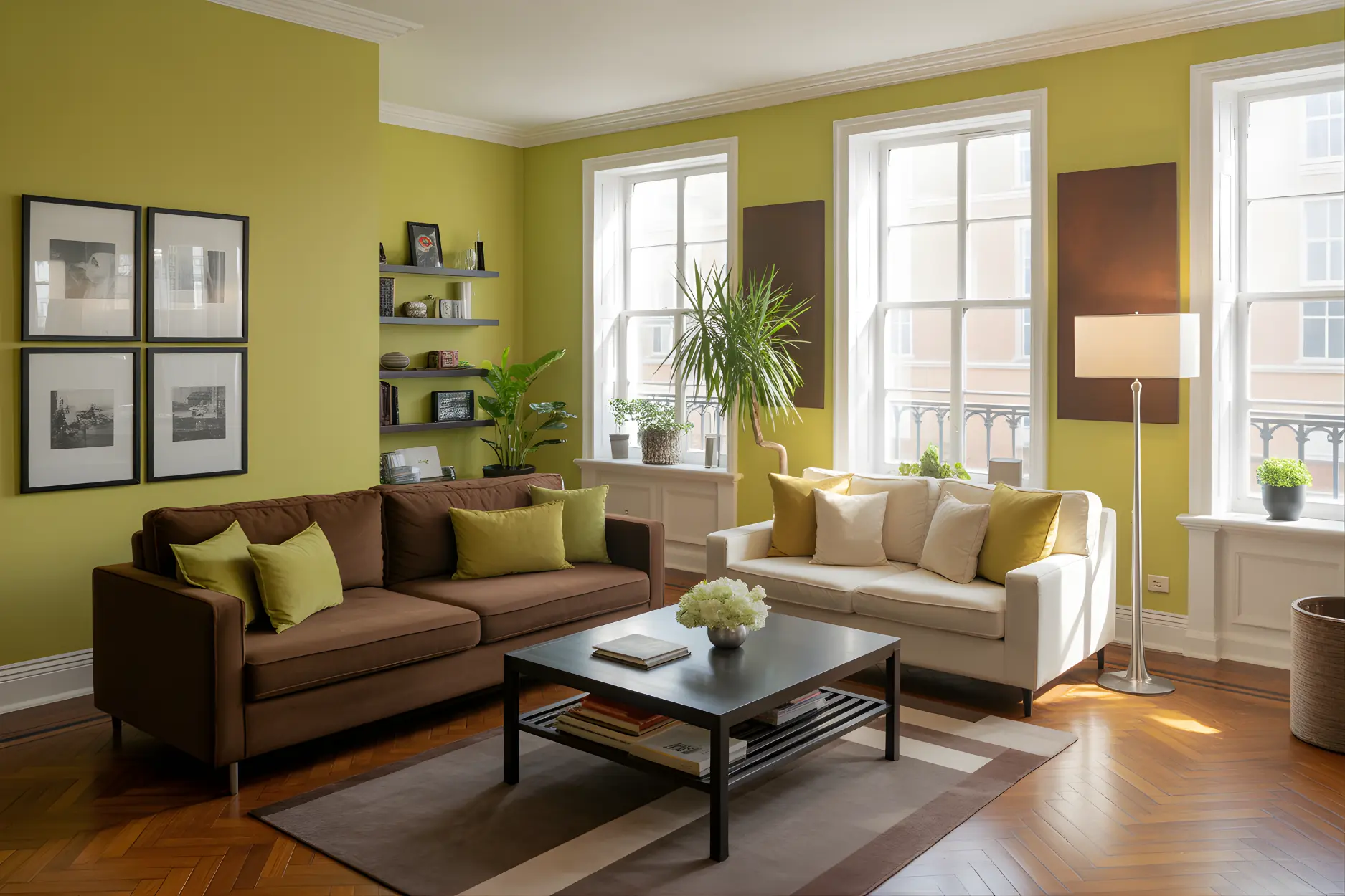 Living room in Chocolate Brown + Lime Green Color Combination
