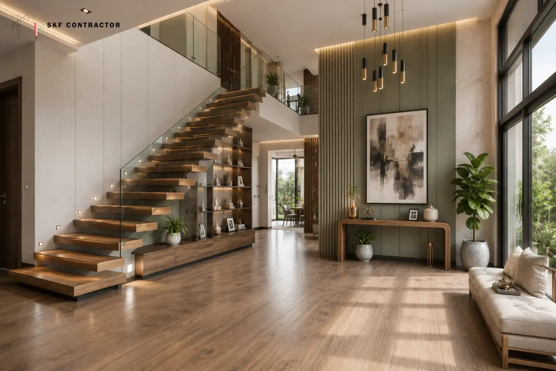 Modern luxury home interior featuring a floating wooden staircase with glass railings and wood flooring.
