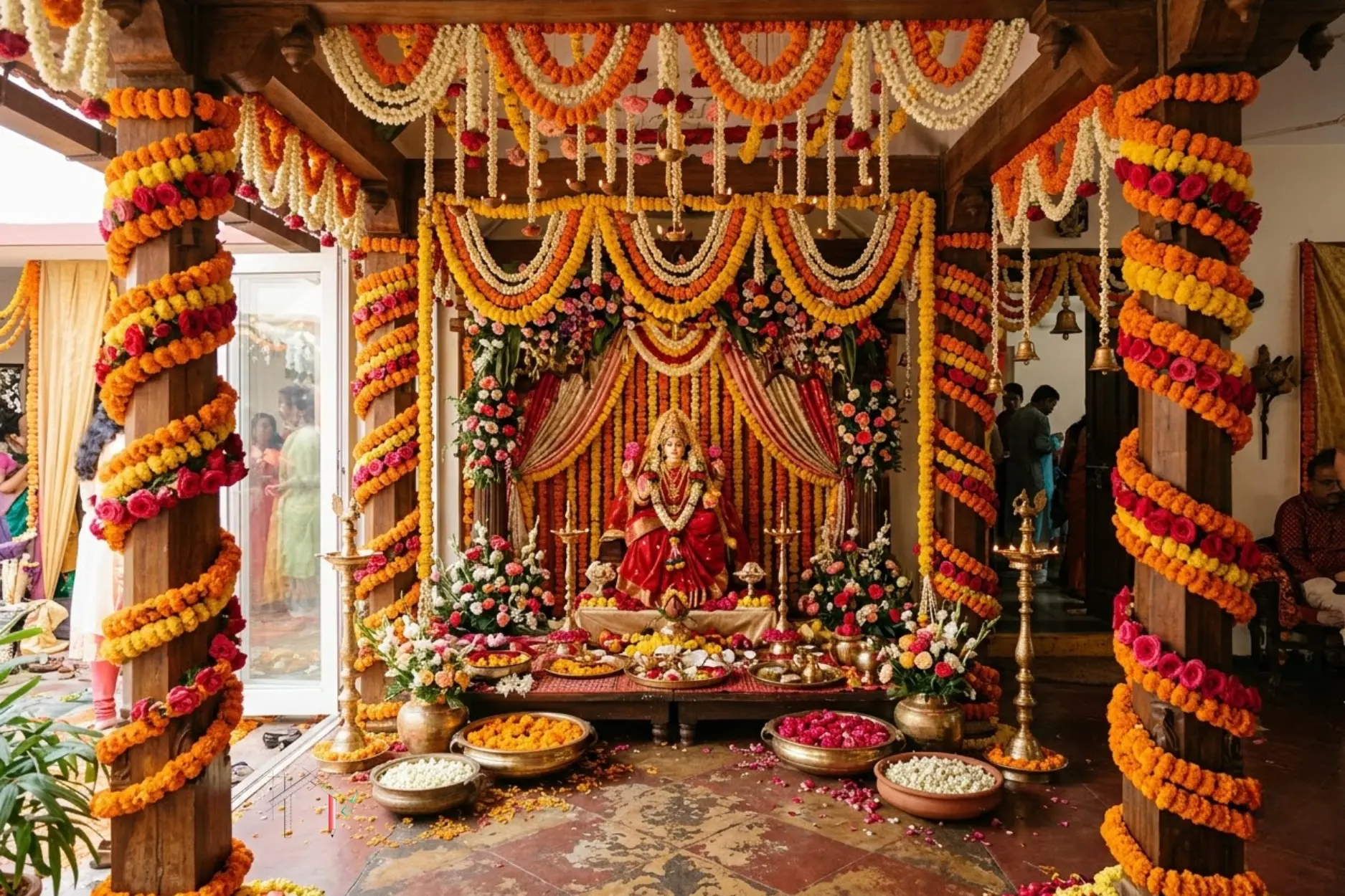Hindu goddess Lakshmi statue adorned with marigold flowers for a traditional Indian festival.