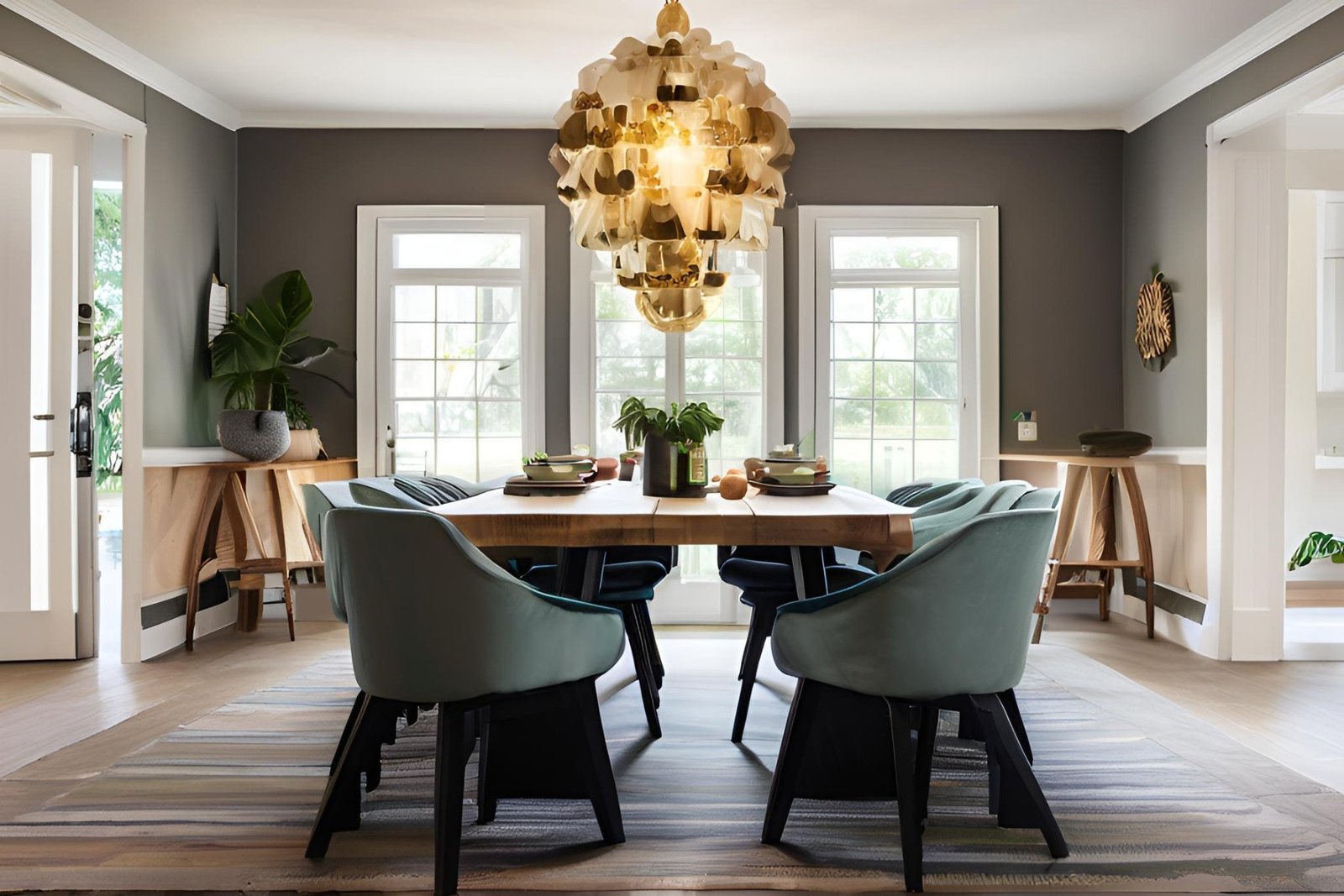 Modern dining room featuring a wood table, teal velvet chairs, and a luxury gold artichoke pendant light.