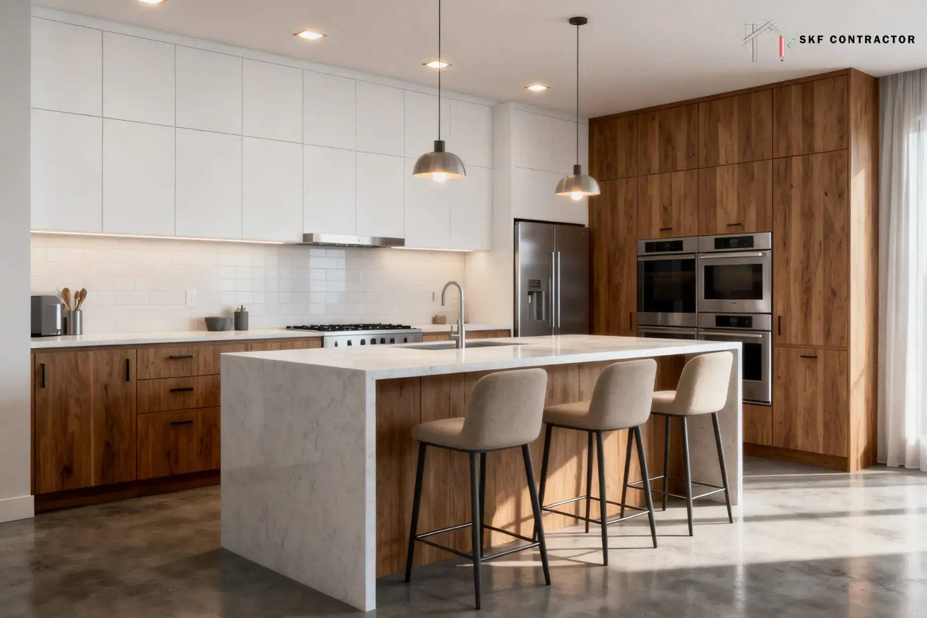 Modern kitchen remodel featuring a waterfall marble island, wood cabinets, and white upper cabinetry.