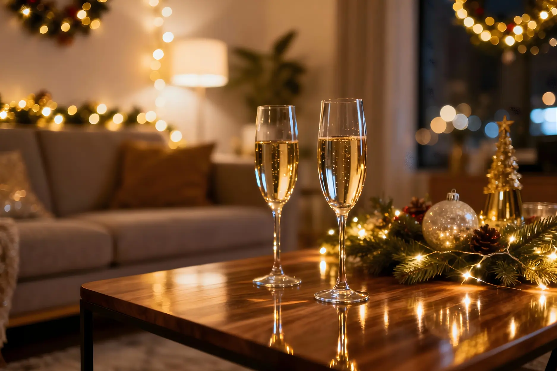 New Year decoration at home with shiny champagne glasses