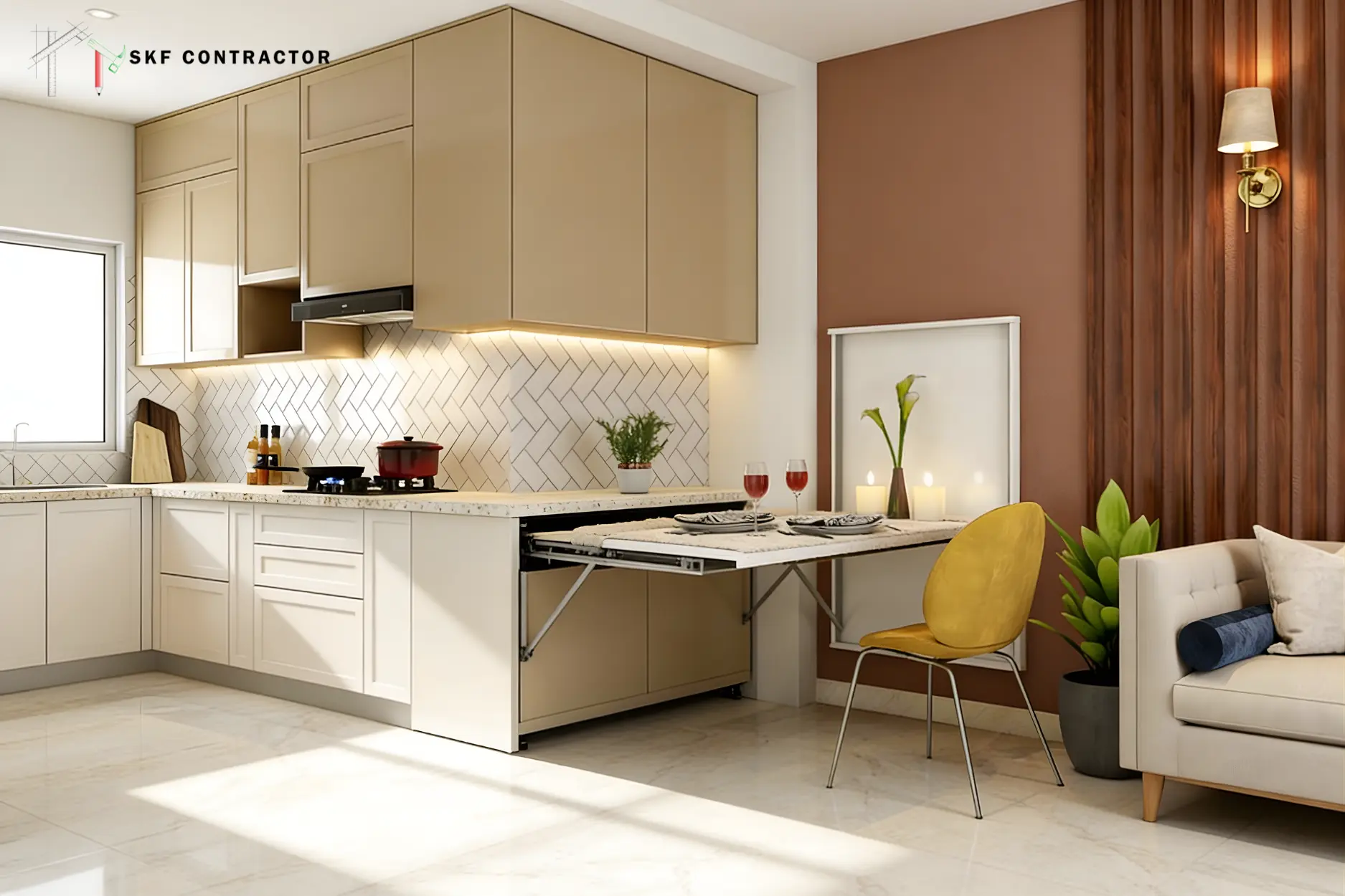 A fold-down wall-mounted dining table that lets you enjoy a cosy meal