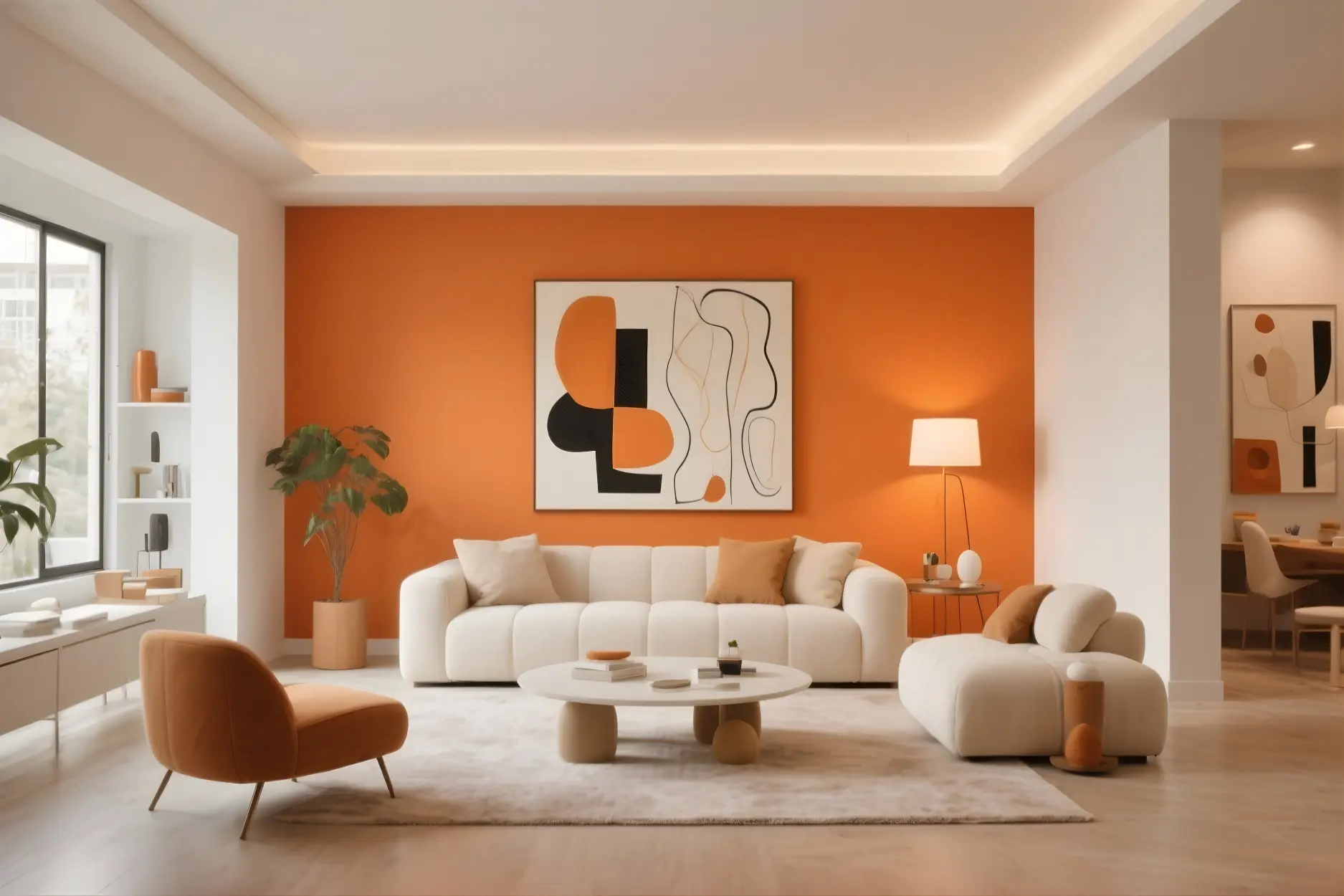 Living room in Orange + Neutrals (White/Beige) Color Combination