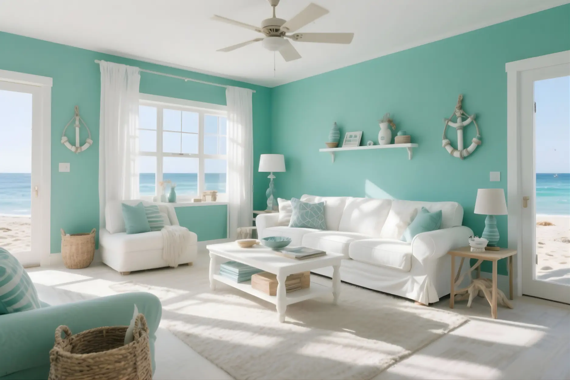 Living room in Sea Green + White Color Combination