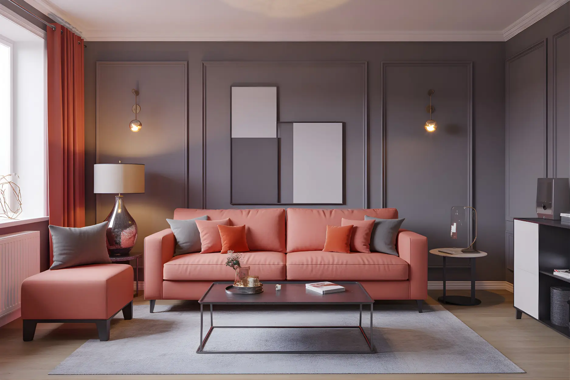 Living room in Slate Grey + Coral Color Combination