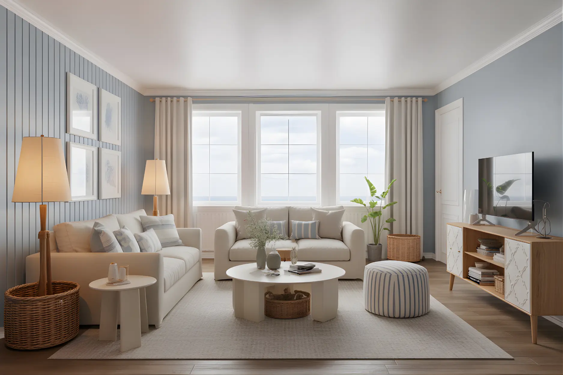 Living room in Soft Blue + Beige Color Combination