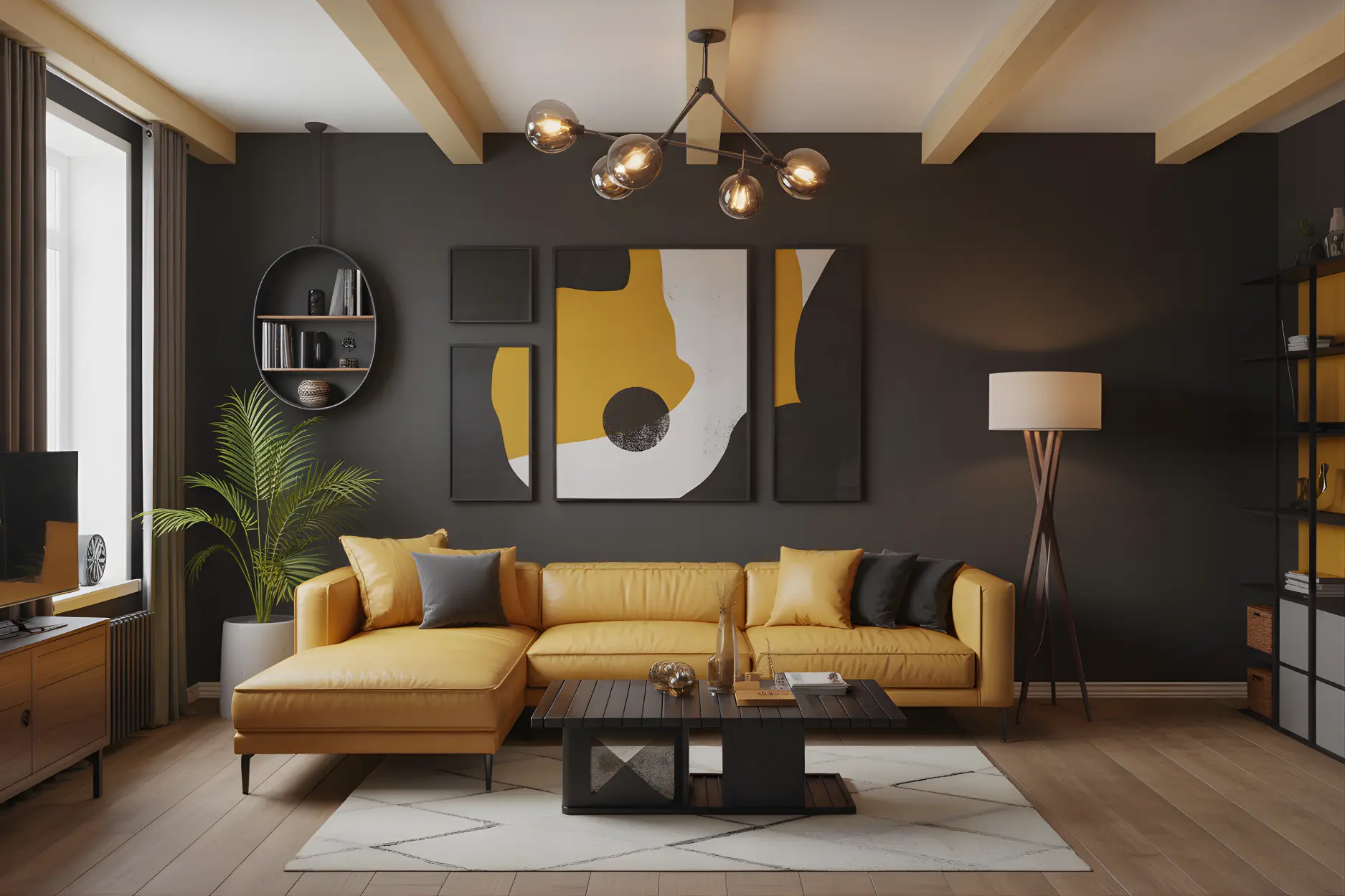 Living room in Mustard + Charcoal Color Combination