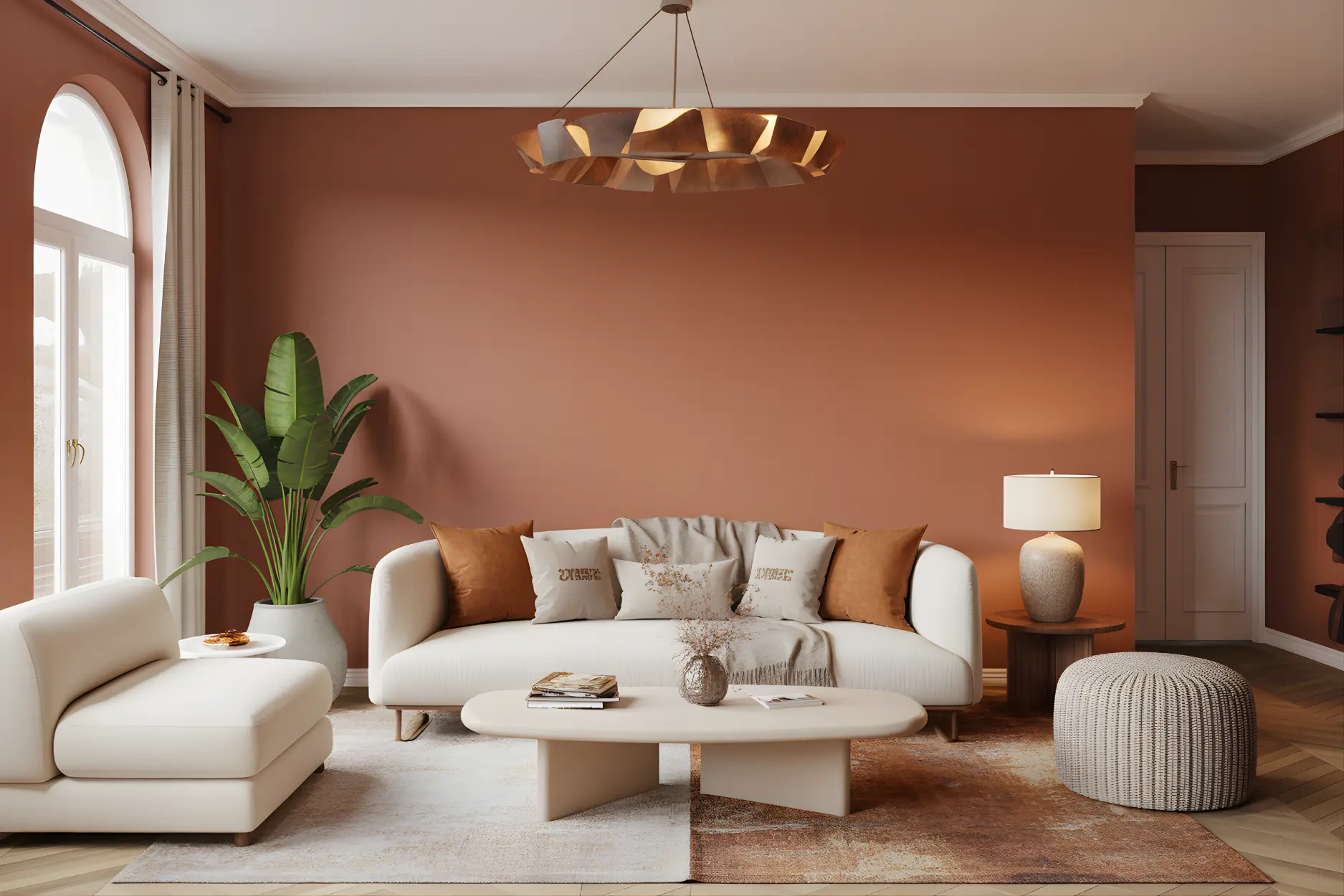 Living room in Burnt Sienna + Off-White Color Combination