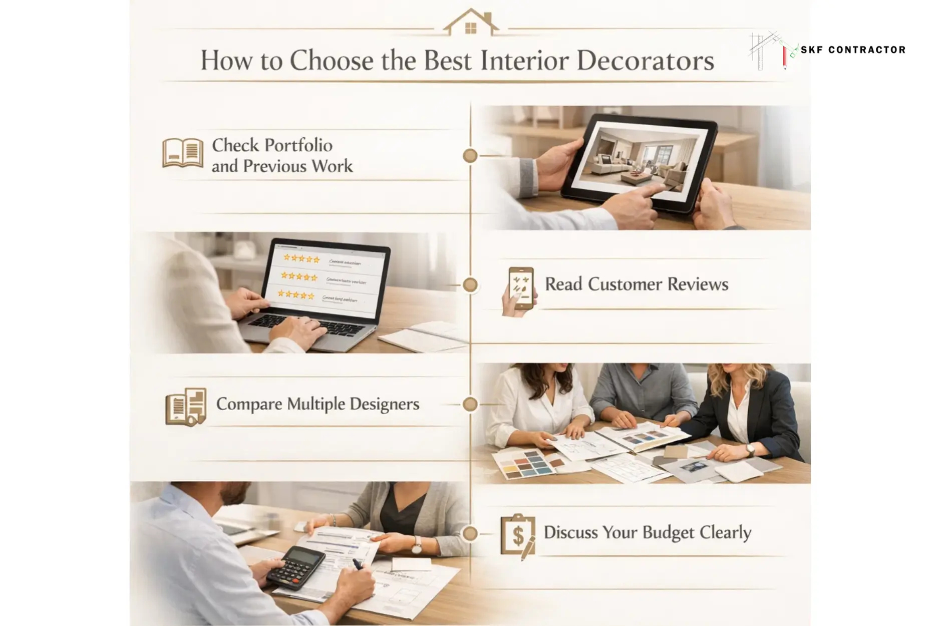 Guide on how to choose interior decorators including checking portfolios, reading reviews, and budget planning.