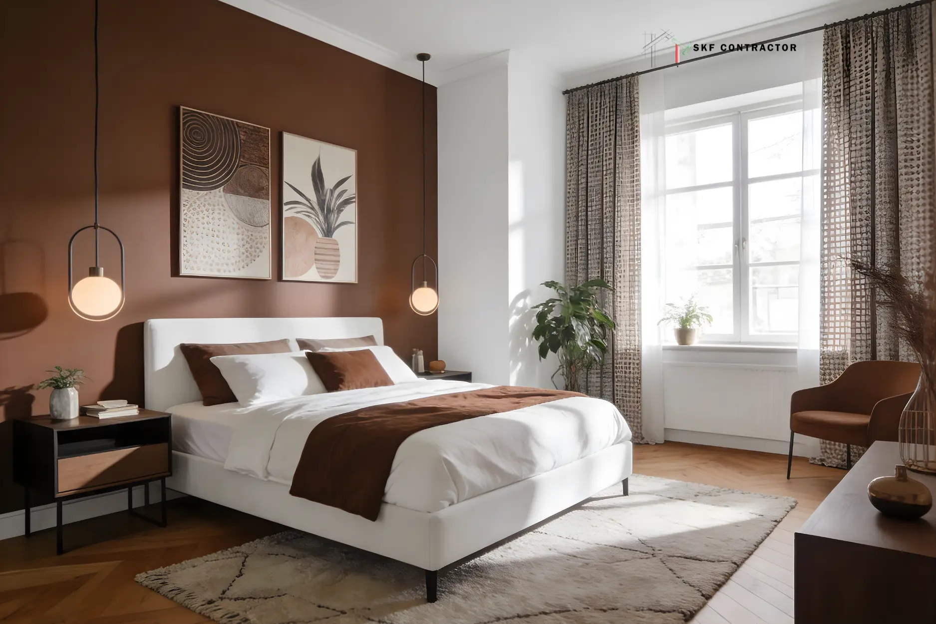 Modern bedroom interior with a white bed, terracotta accent wall, and elegant pendant lighting.