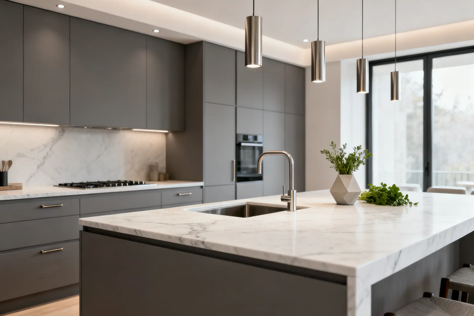 Modern gray kitchen featuring marble countertops, a large island with sink, and sleek pendant lighting.
