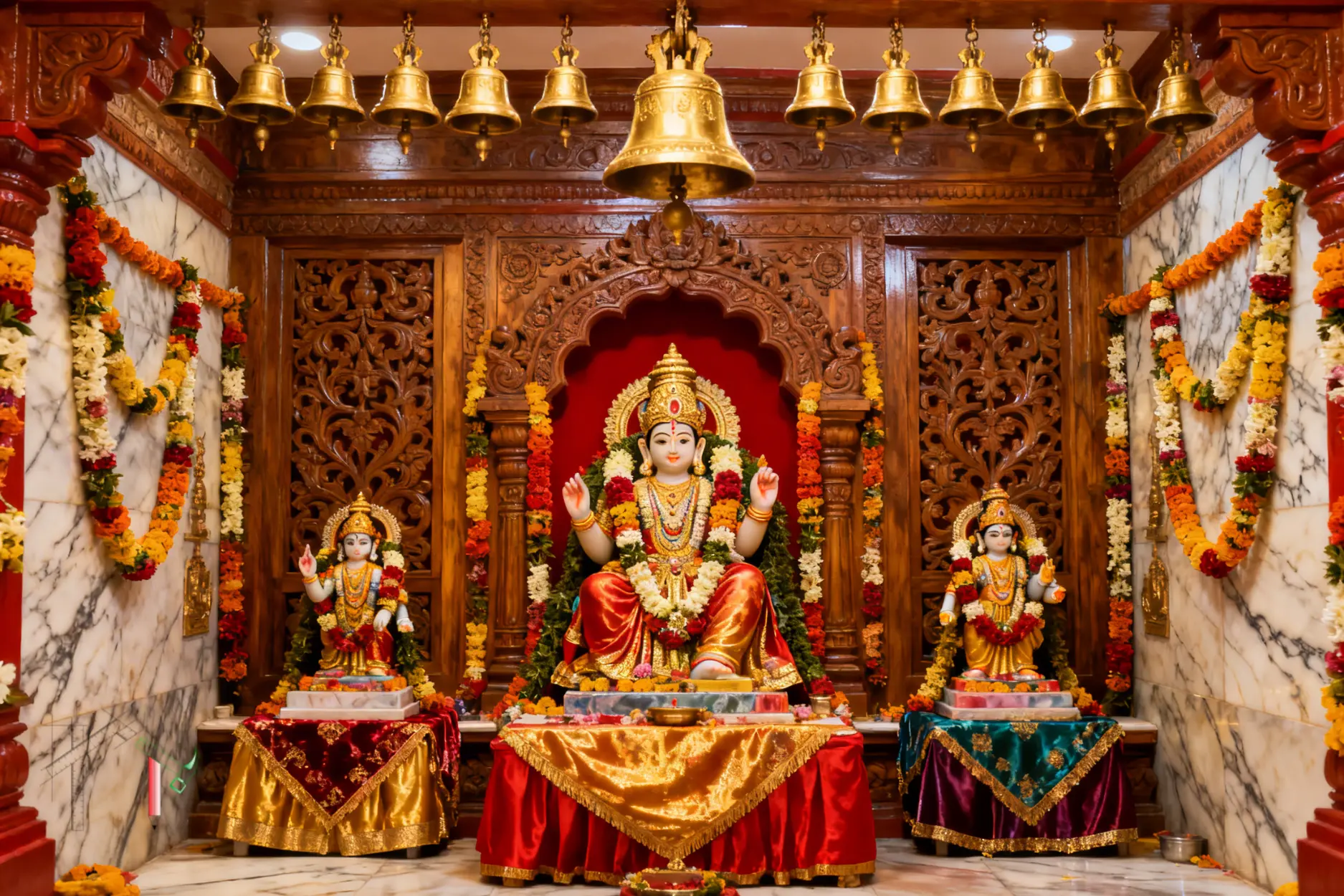 Ornate Hindu temple interior featuring golden deity statues, floral garlands, and hanging brass bells.