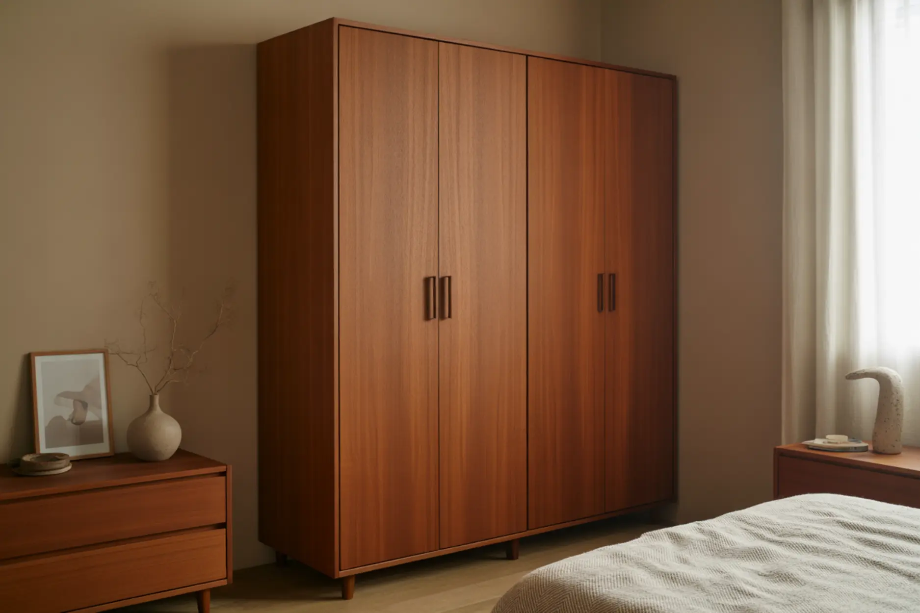 Teak wood wardrobe finish for a mellow aesthetic