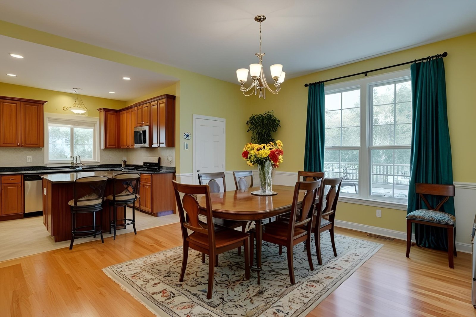 Modern open concept dining room and kitchen with wood cabinets, dining table, and teal curtains.