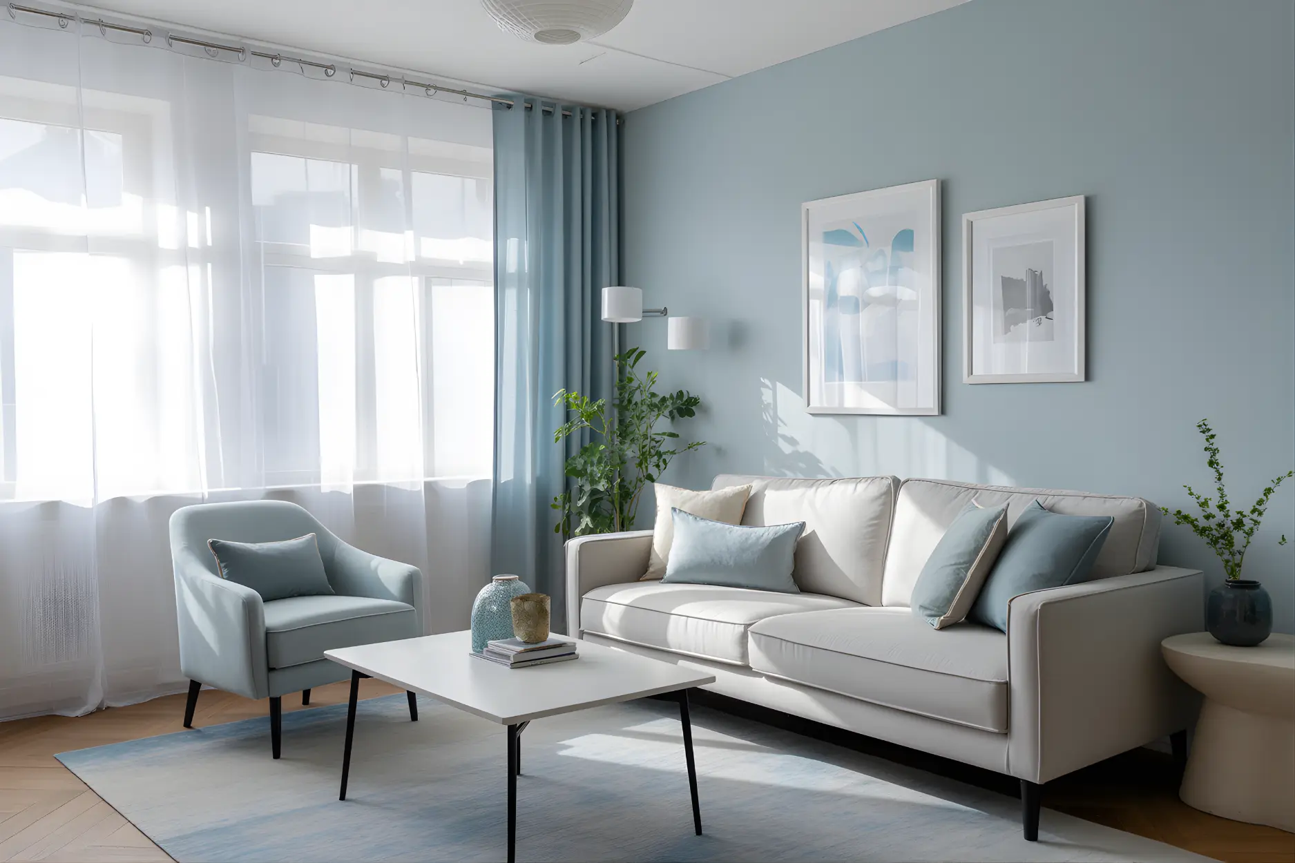Living room in Soft Grey + Pastel Blue Color Combination