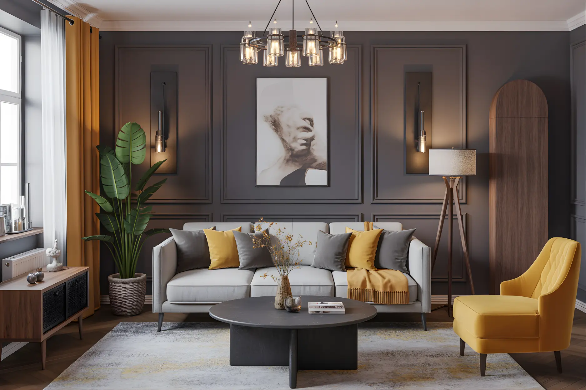 Living room in Charcoal Grey + Mustard Yellow Color Combination