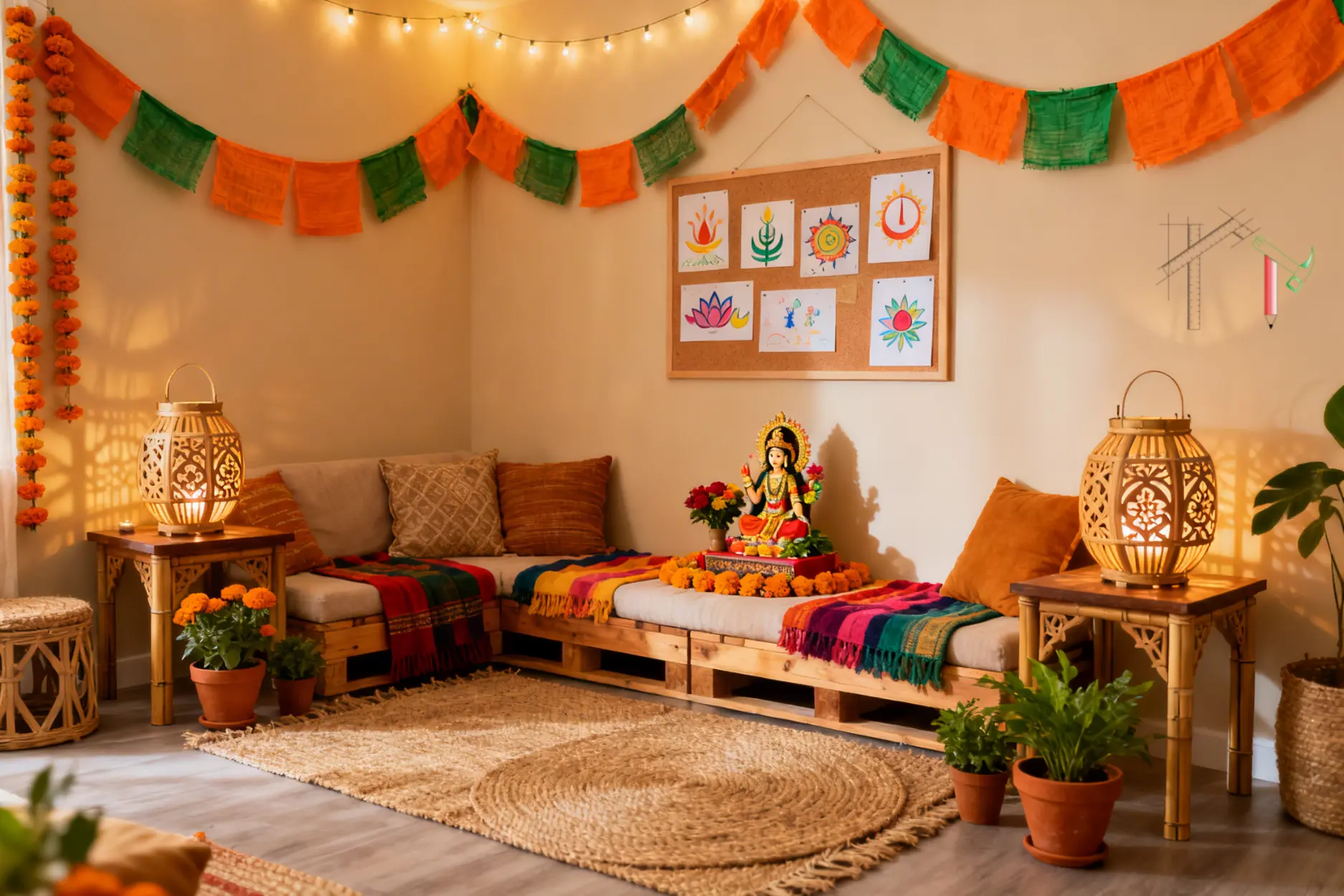Navratri home decoration with Lakshmi statue, marigold garlands, and glowing bamboo lanterns.