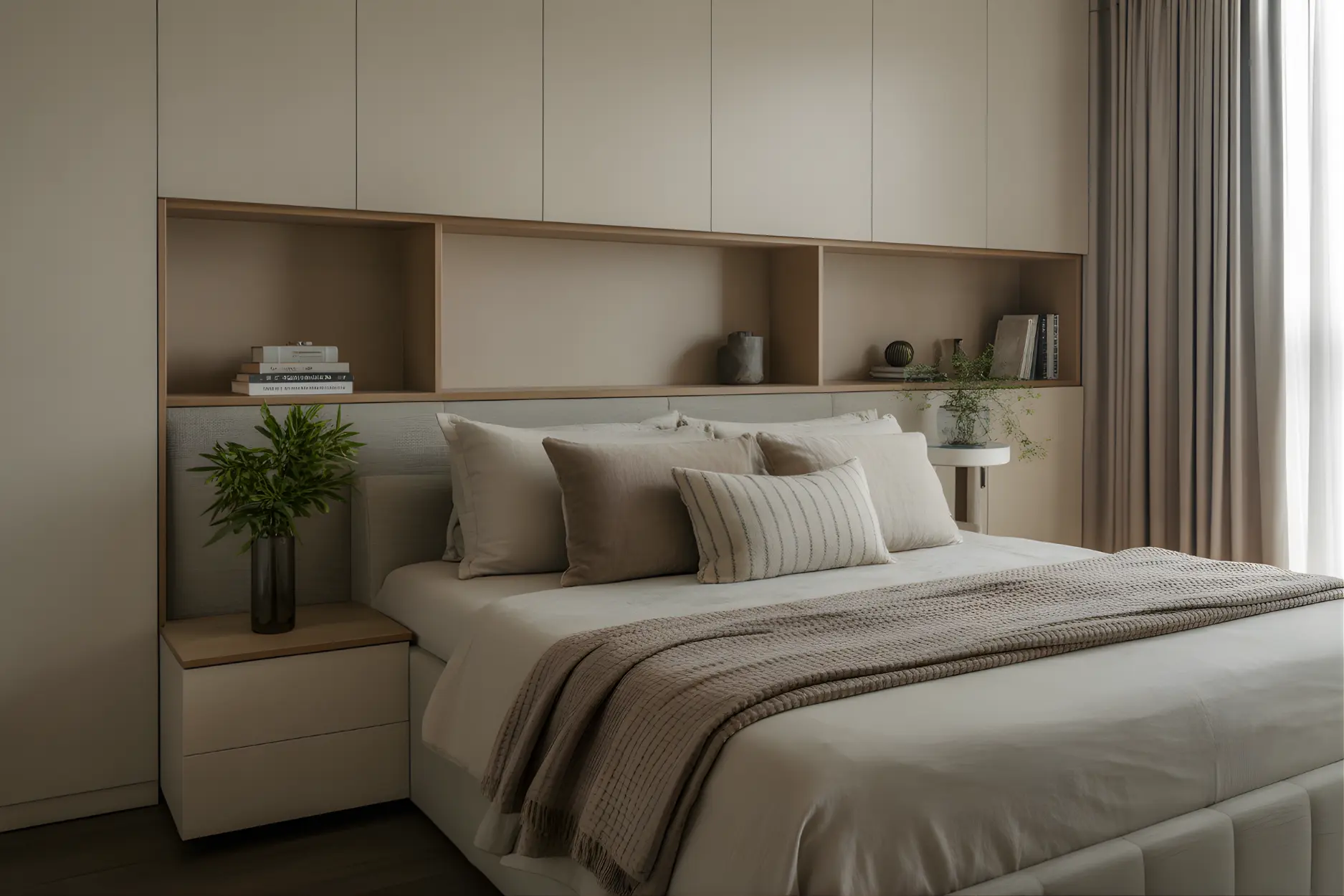 Hidden storage options add functionality without disrupting minimal aesthetics.