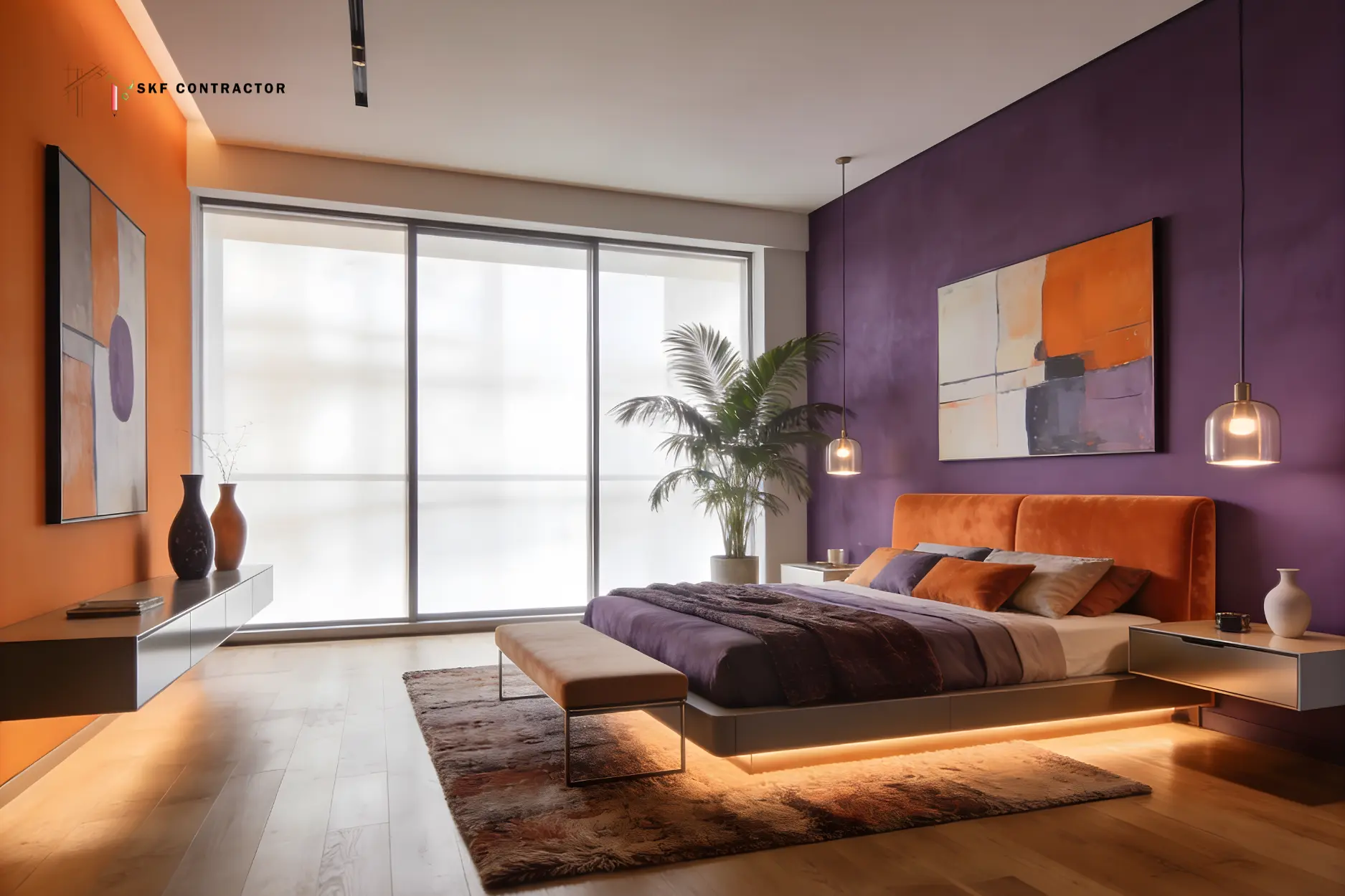 Modern luxury bedroom interior with purple walls, an orange velvet bed, and contemporary pendant lighting.