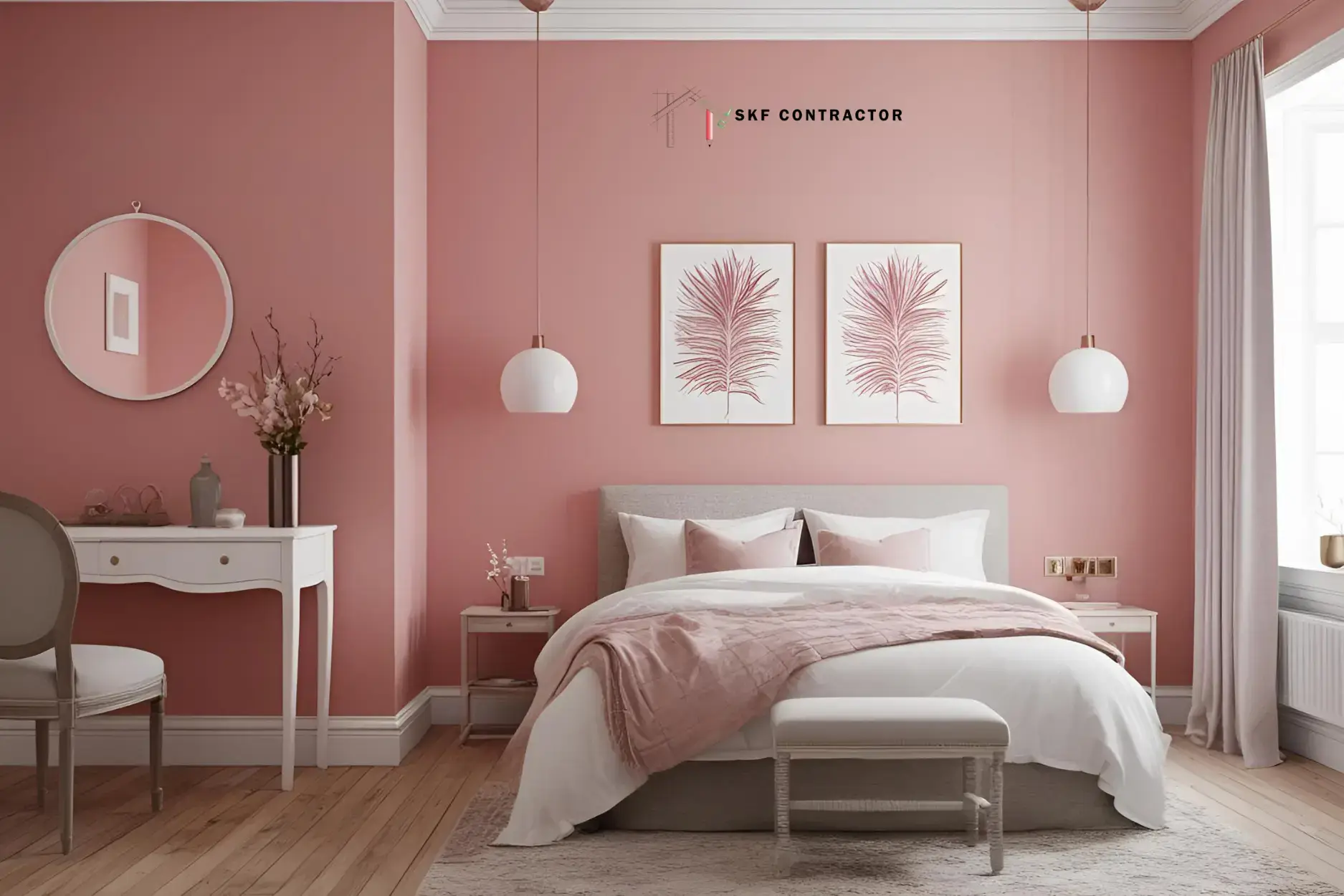 Modern dusty pink bedroom interior featuring a grey upholstered bed and white vanity desk.