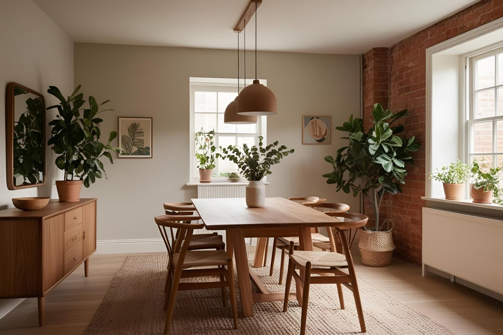 Modern Scandinavian dining room with oak wood furniture, brick wall accents, and green houseplants.