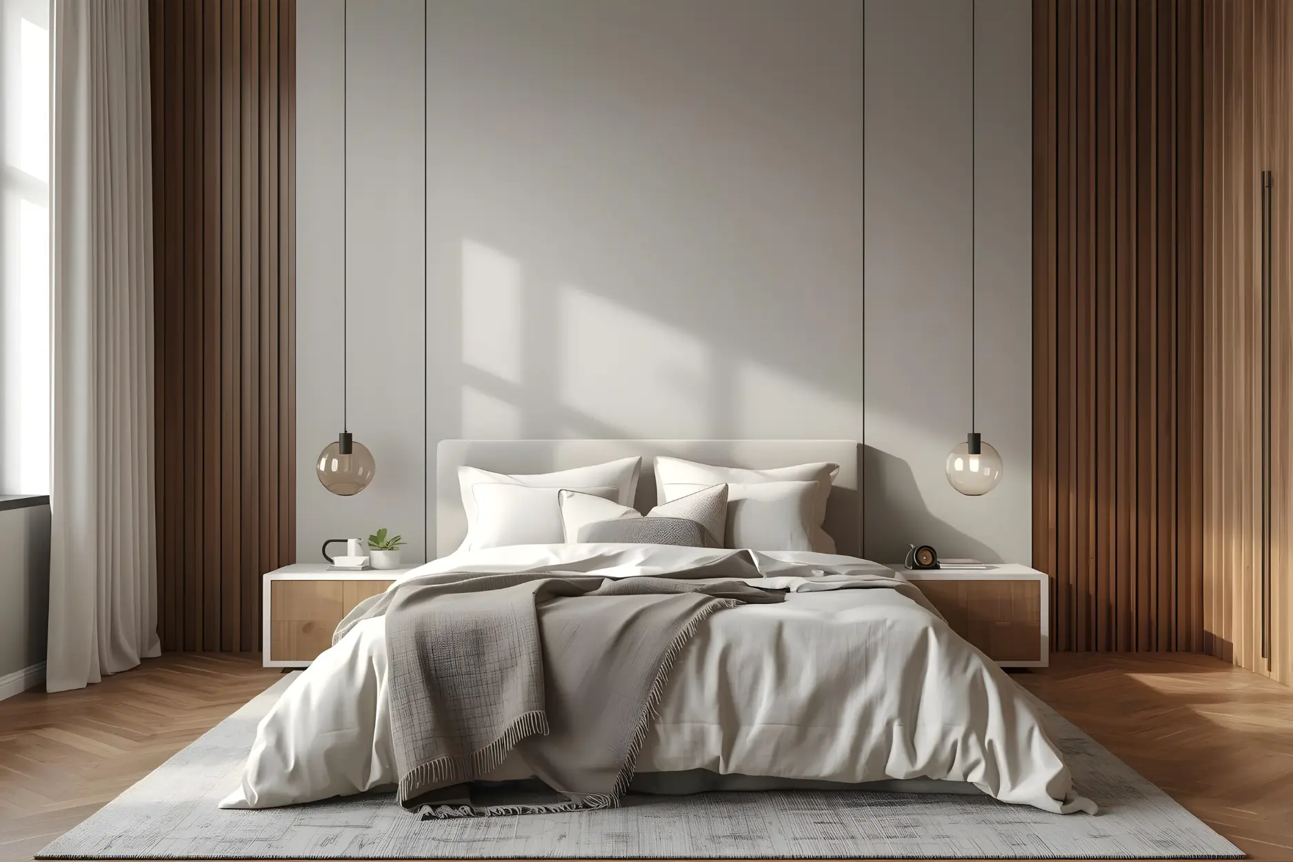 Bedroom wall colors blending soft grays with warm wood textures for calm interiors