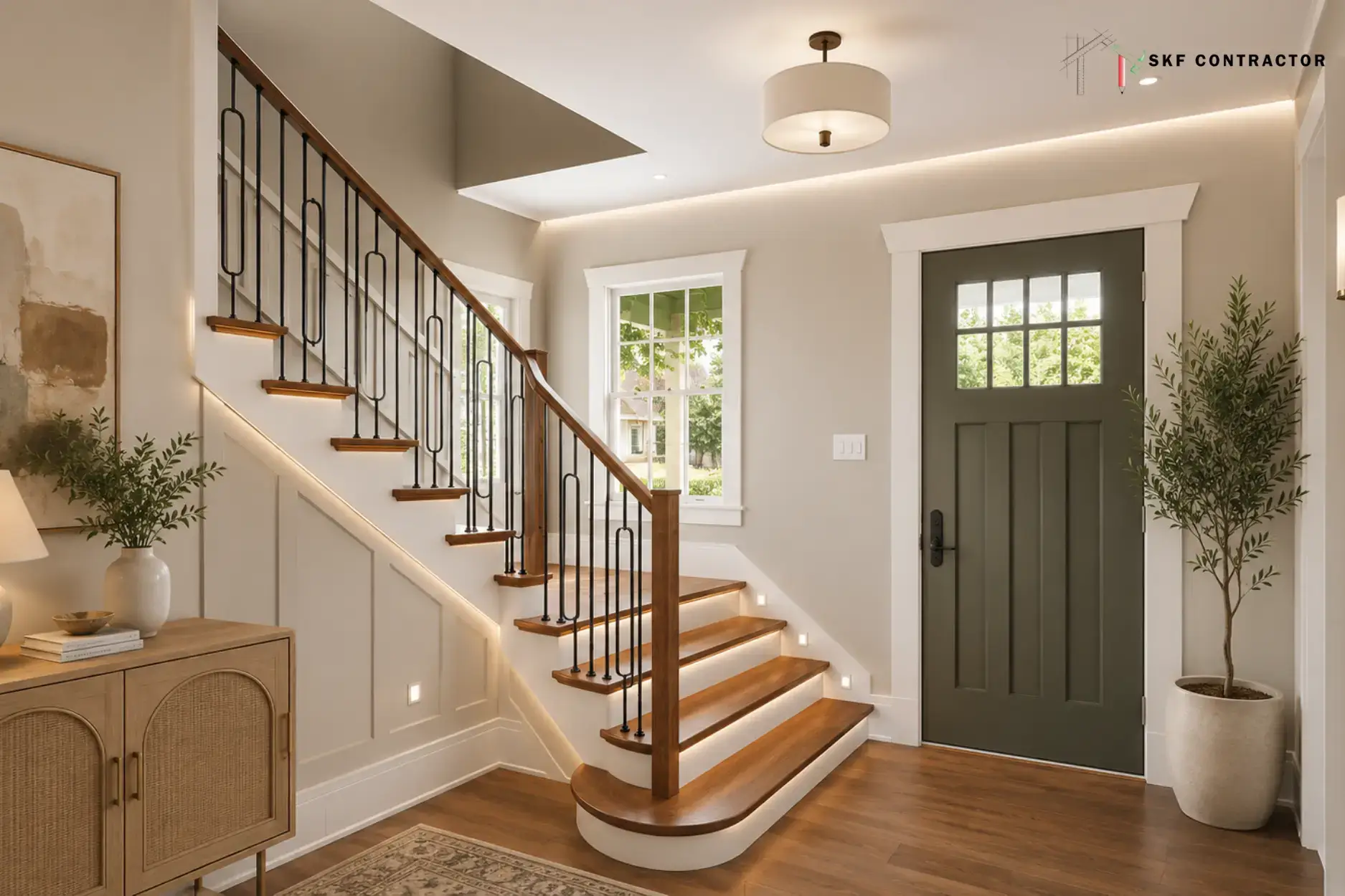 Modern home entryway featuring a wooden staircase with LED tread lighting and a green front door.