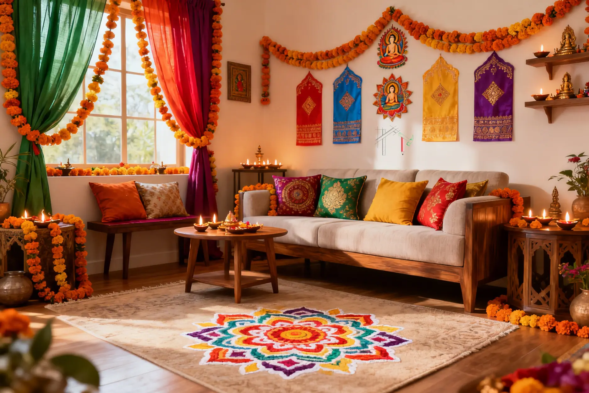 Navratri home decor with rangoli carpet, marigold garlands, oil lamps, and colorful wall hangings.