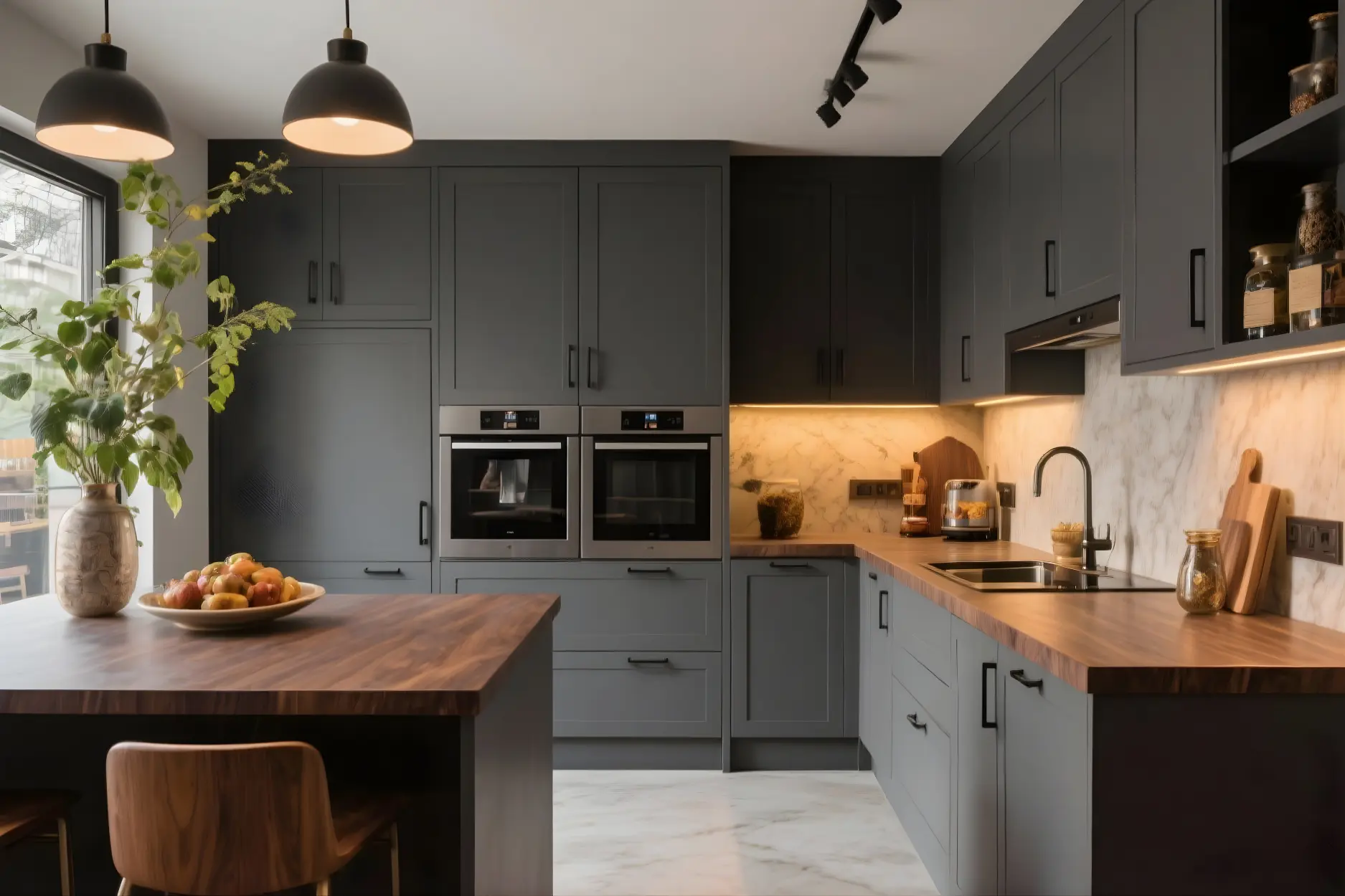 Charcoal Grey & Walnut Brown colors in kitchen