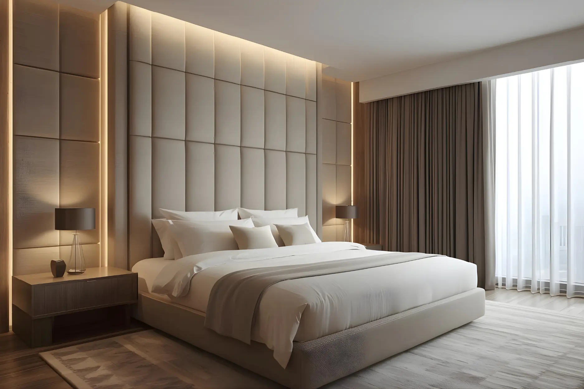 Oversized headboard becomes the focal point and adds depth.
