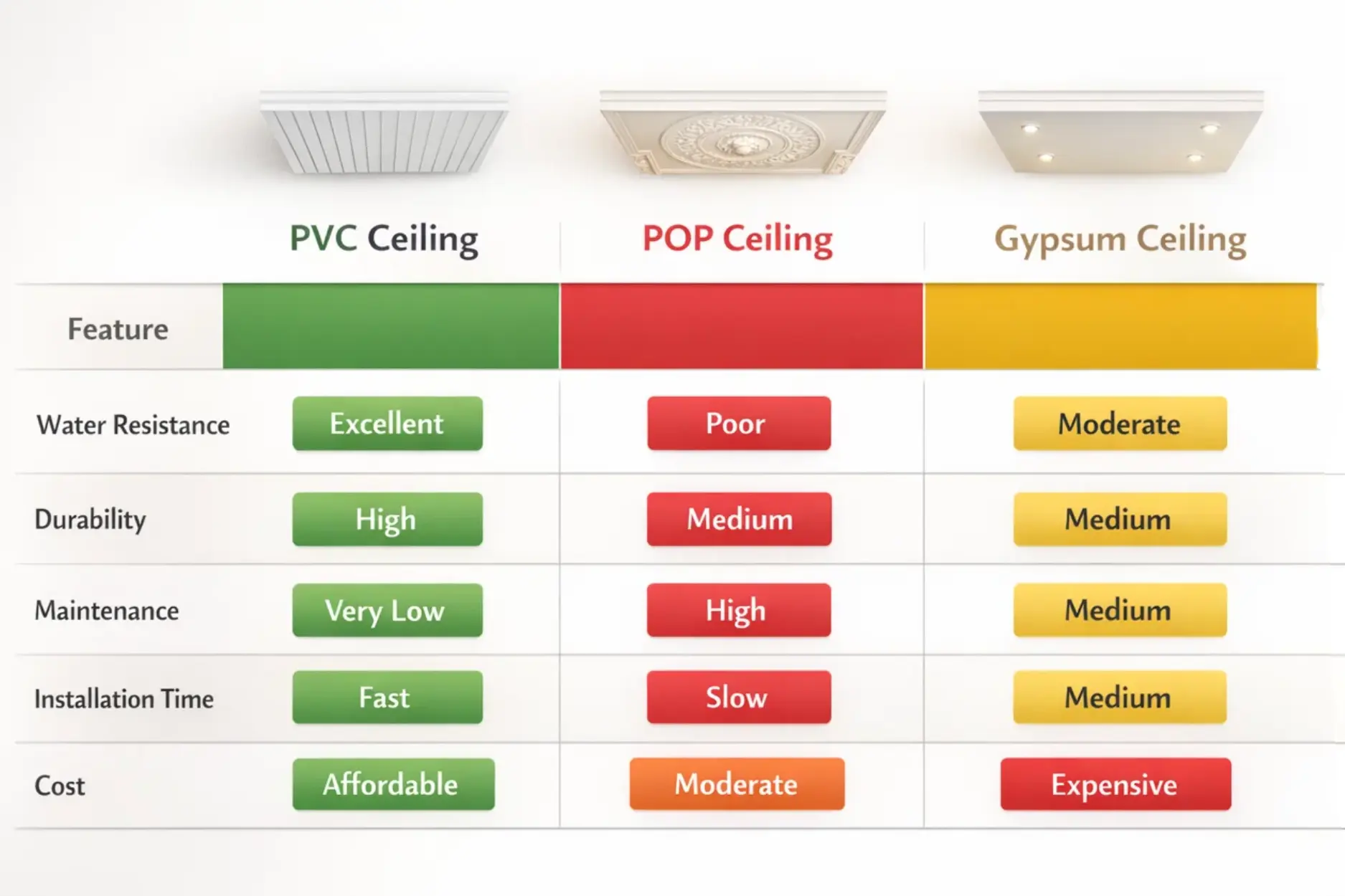 Diffrence in PVC Ceiling & POP & Gypsum Ceiling