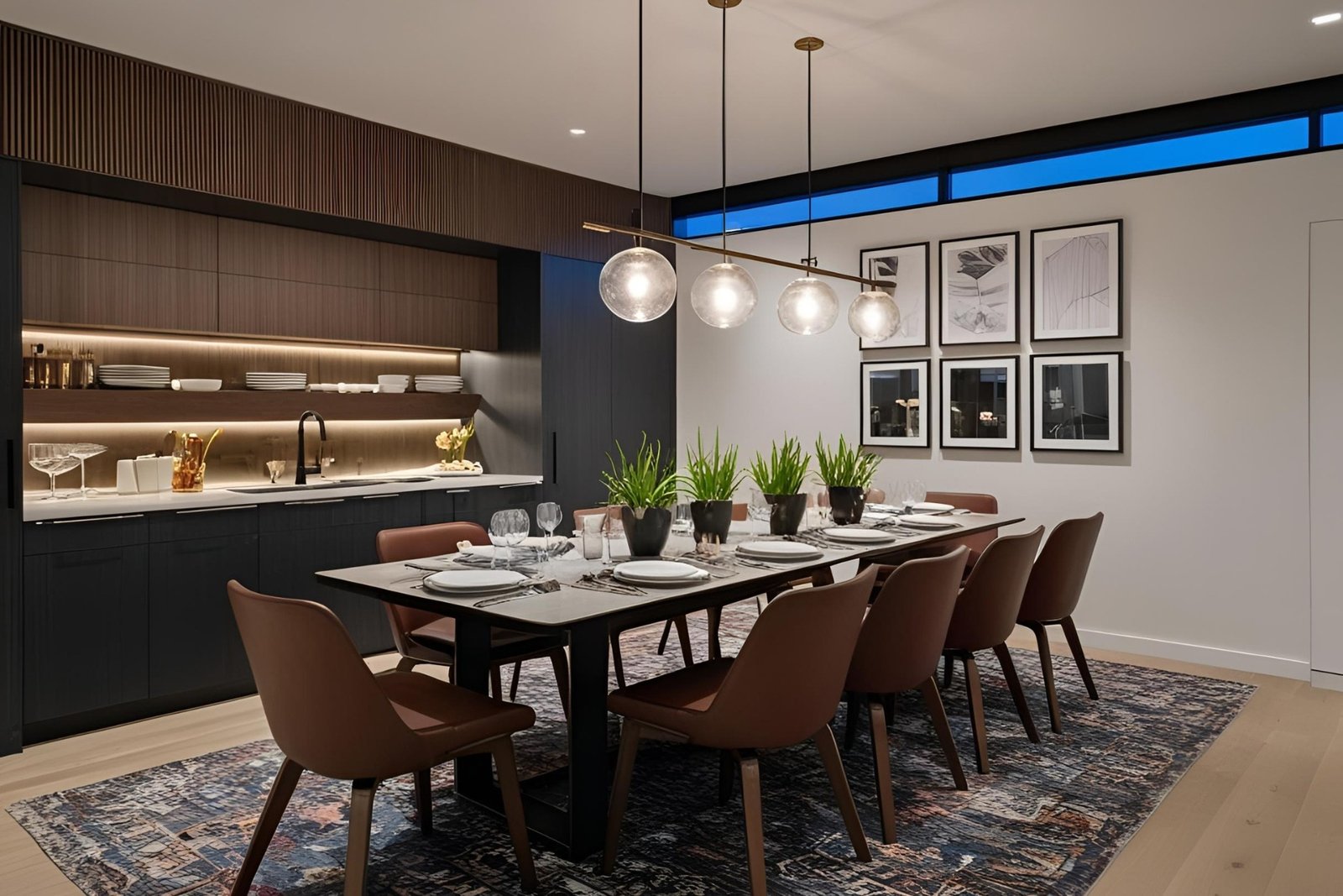 Modern dining room with a long table, brown leather chairs, globe pendant lights, and an elegant wet bar.