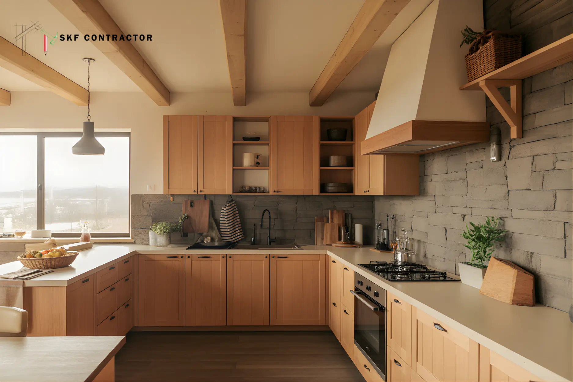 A modern rustic kitchen with warm textures
