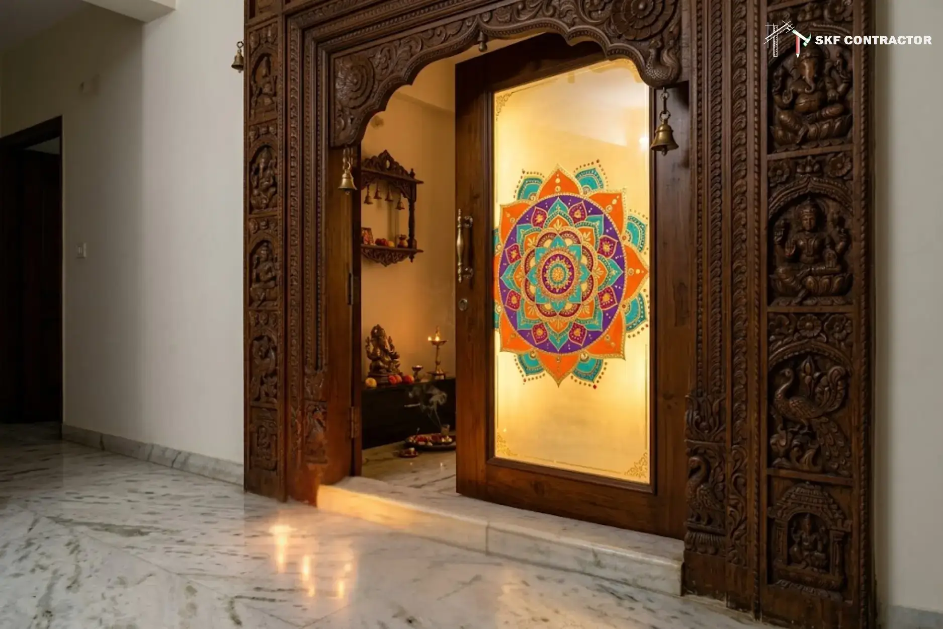 Carved wooden temple door with a colorful mandala glass panel leading into a traditional Hindu puja room.