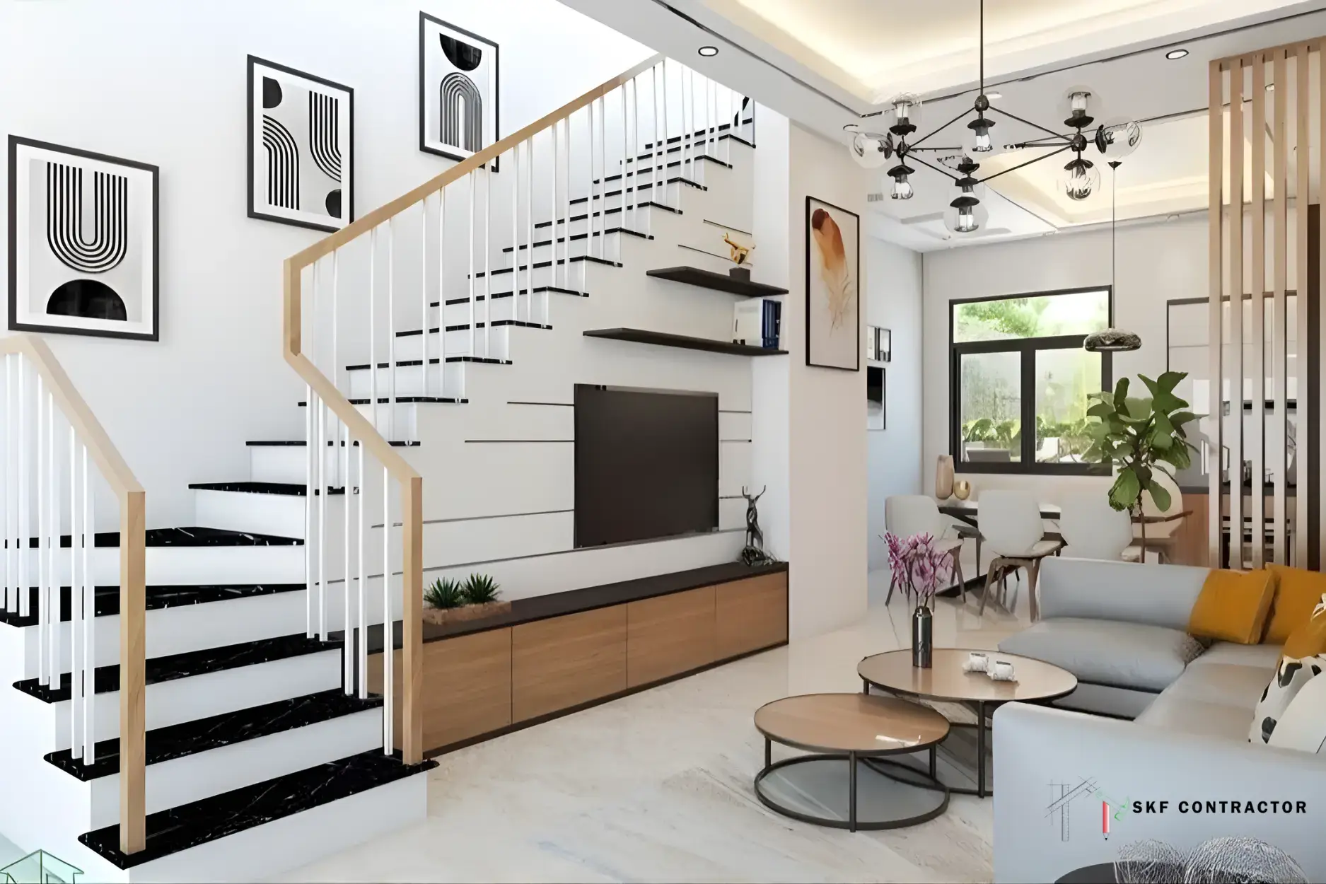 Modern living room interior with a black marble staircase and wall-mounted TV cabinet.