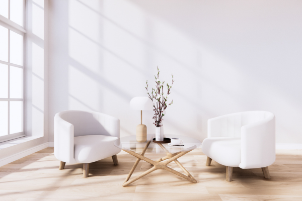 Minimalist white living room featuring modern armchairs, glass coffee table, and natural sunlight.