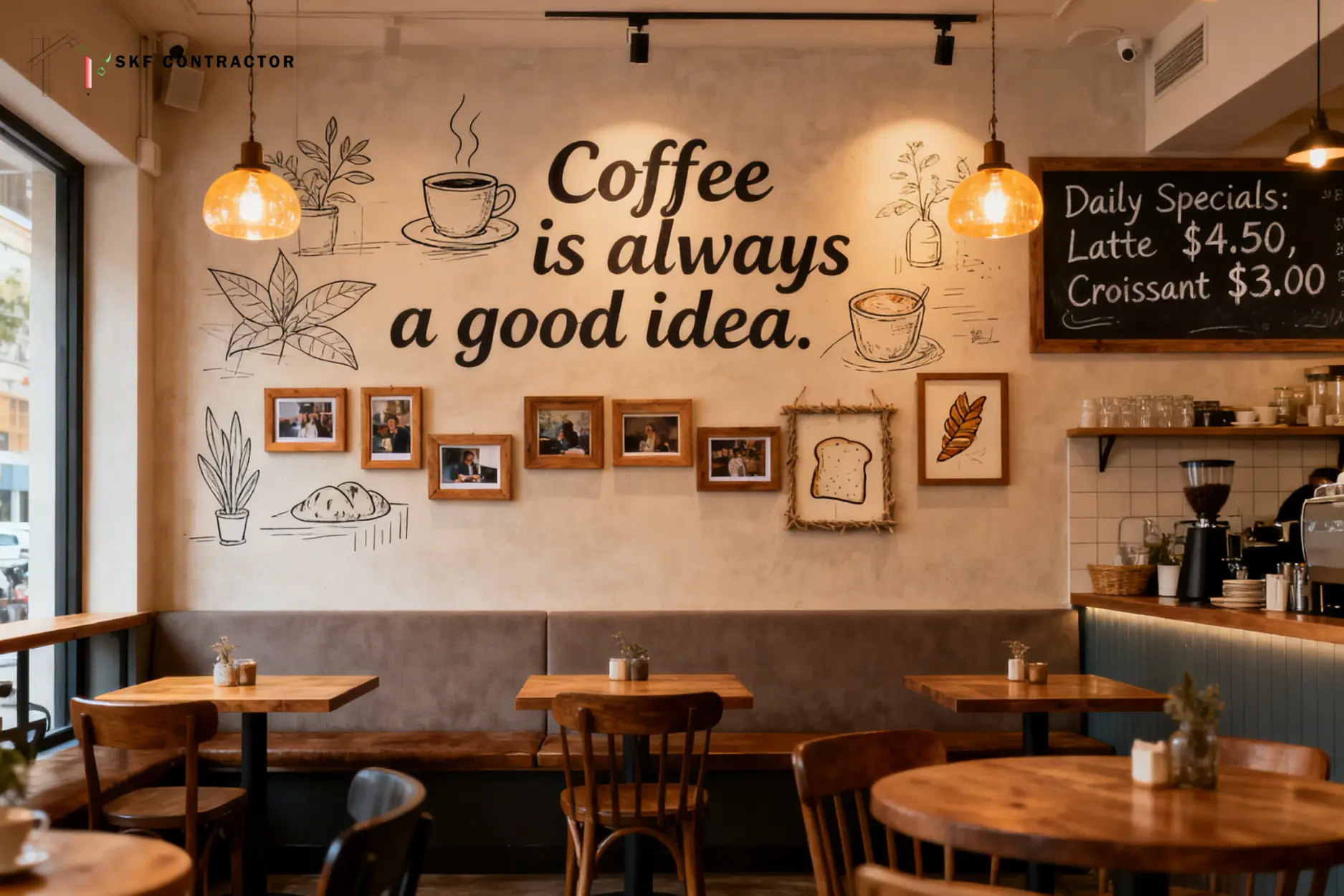 local art, handwritten menu boards, or small frames for cafe Interior